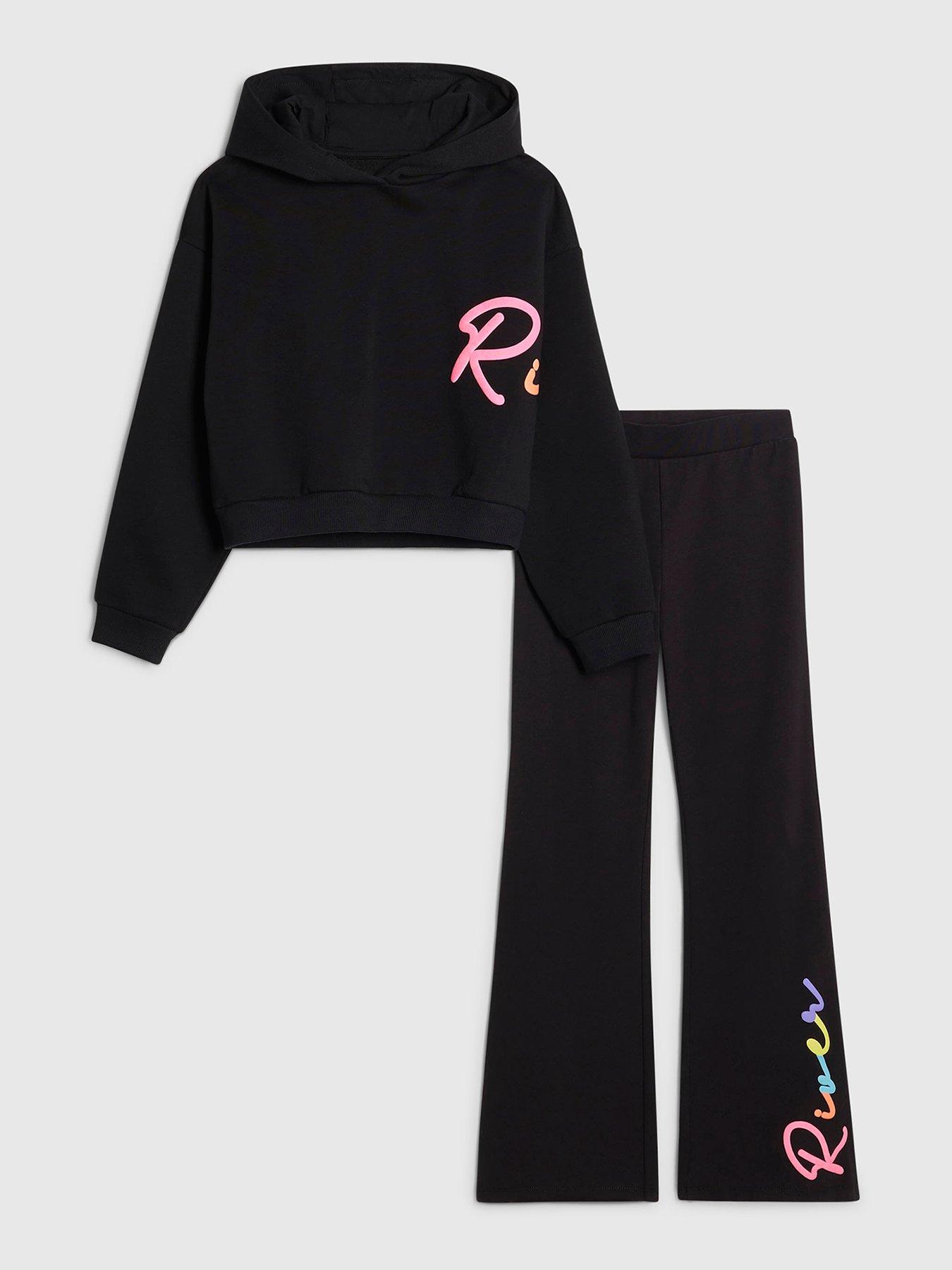 River Island Older Girls Branded Script Hoodie And Trousers Set - Black