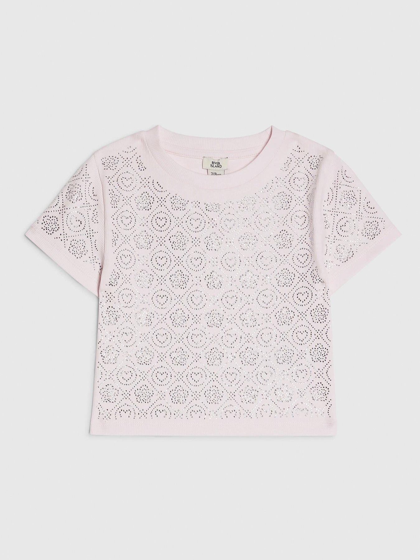 River Island Older Girls Diamante Embellished T-Shirt - Pink