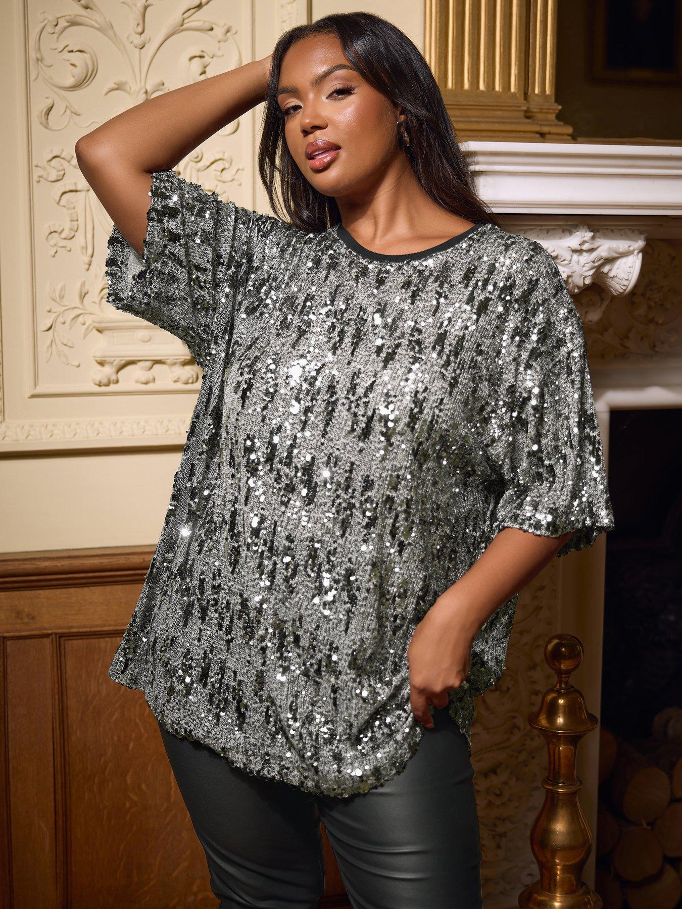 Yours Curve Sequin T-shirt - Silver