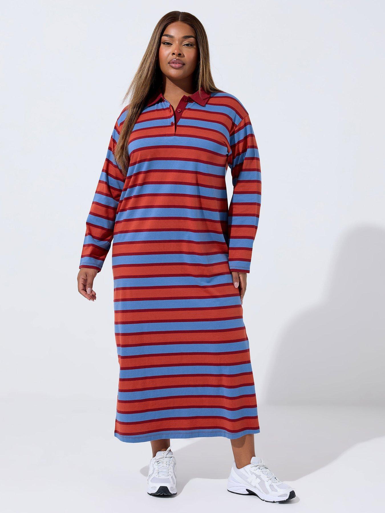 Yours Curve Stripe Collar Dress - Red