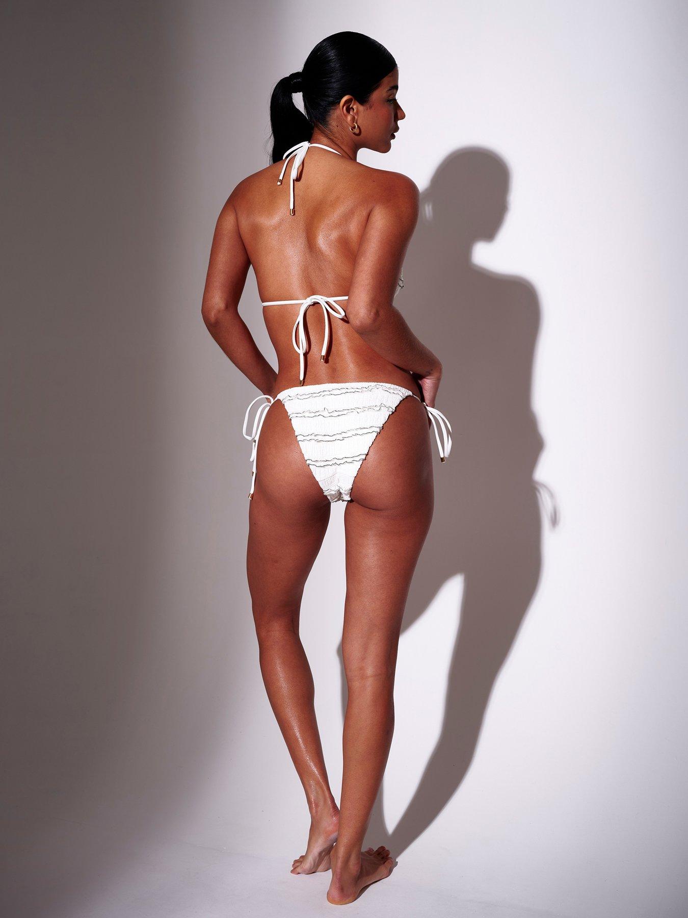 Image 2 of 3 of South Beach Flower Decal Frill Tie Side Bikini Bottoms- Cream