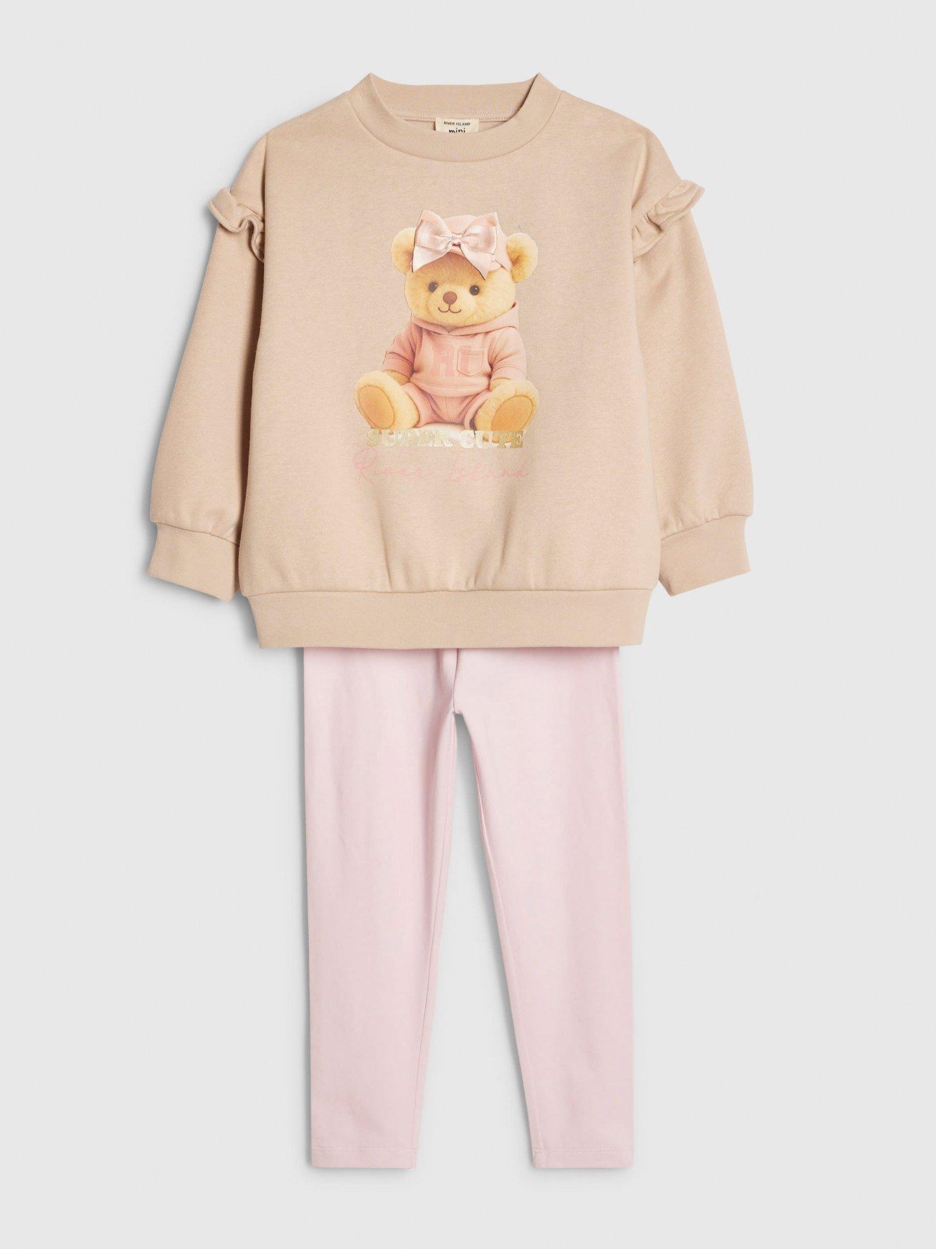 Image 3 of 5 of River Island Mini Girls Bow Hat Bear Sweatshirt Set - Beige