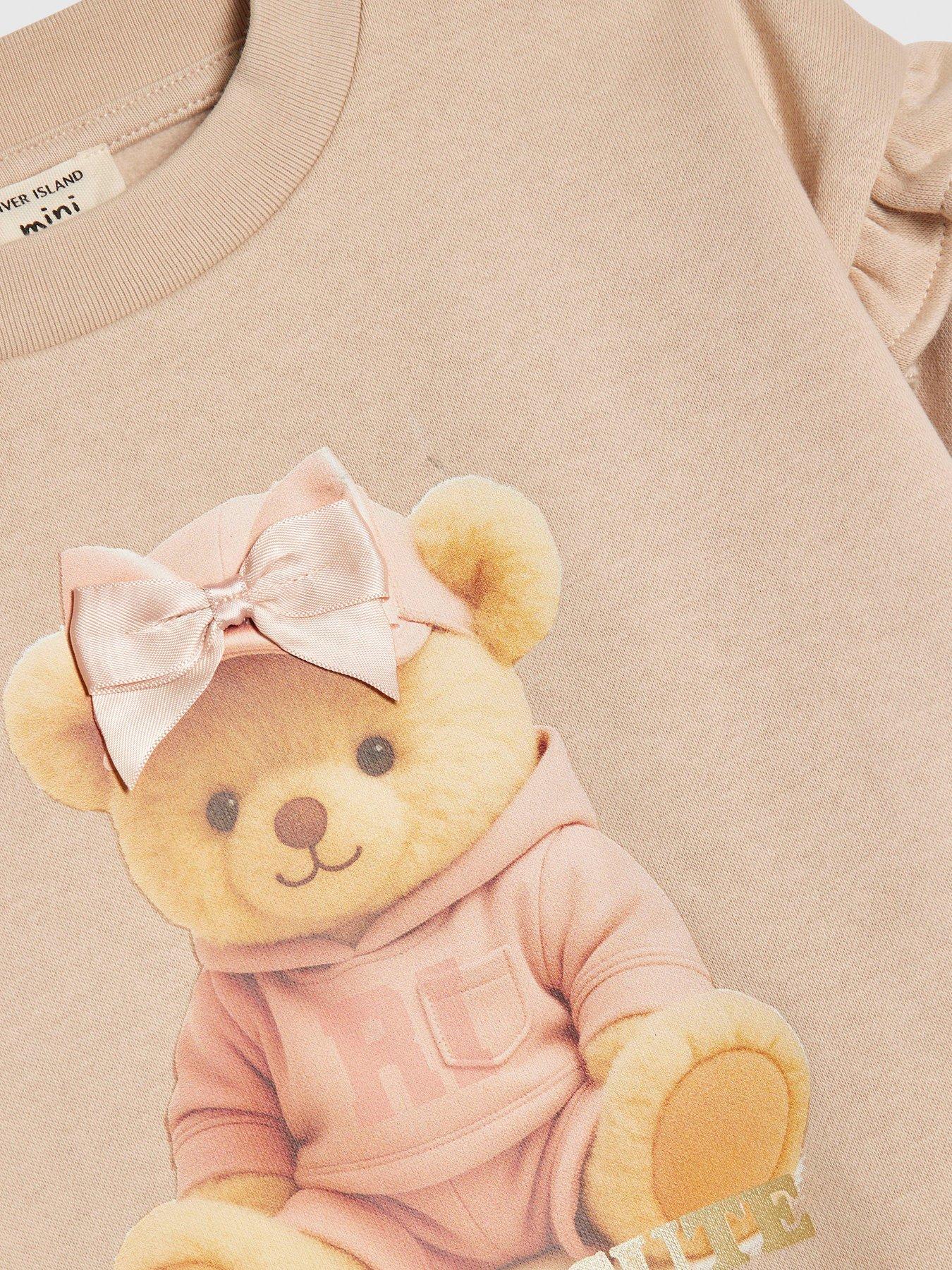 Image 4 of 5 of River Island Mini Girls Bow Hat Bear Sweatshirt Set - Beige