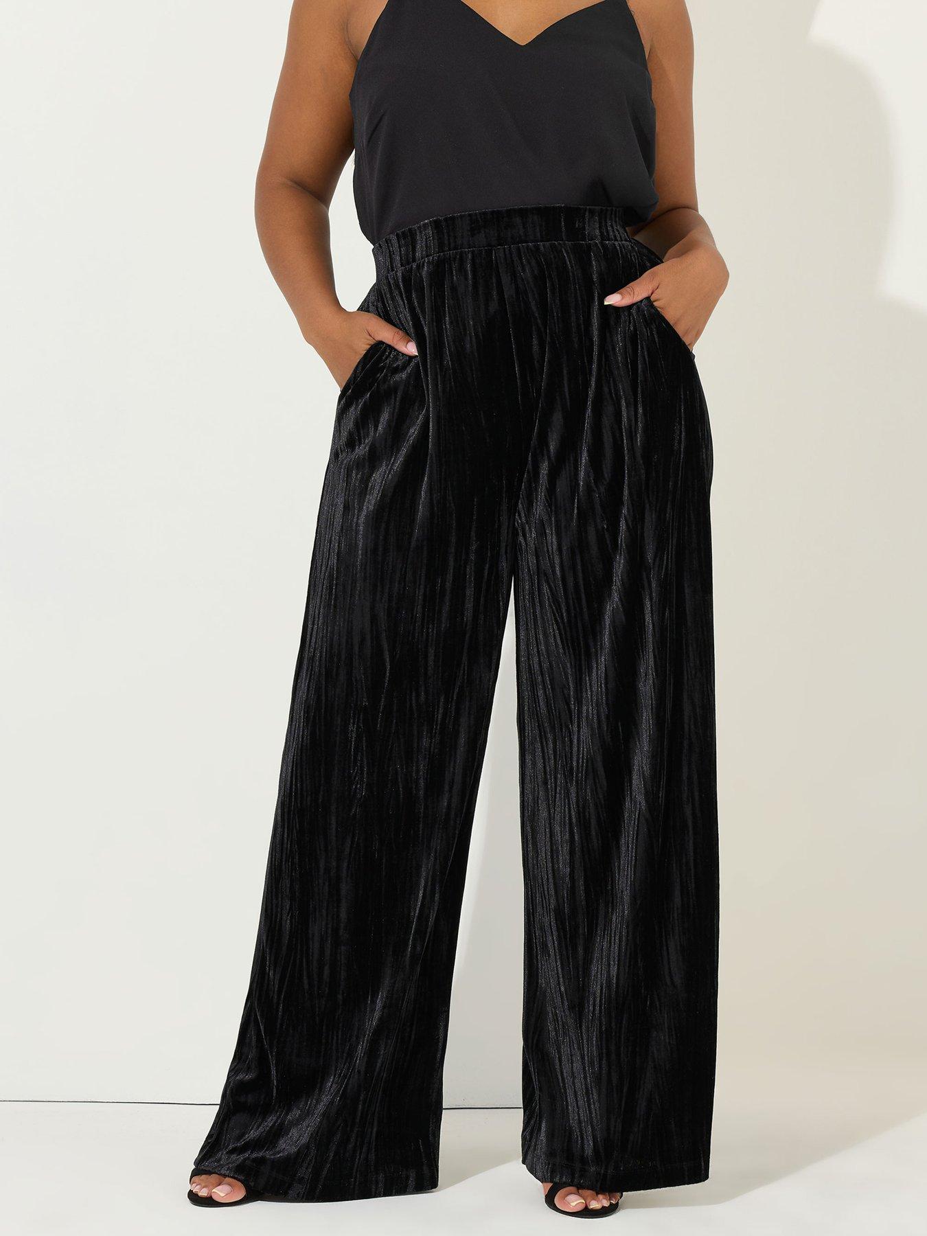 yours-curve-crushed-velour-wide-leg-trouser-blackfront