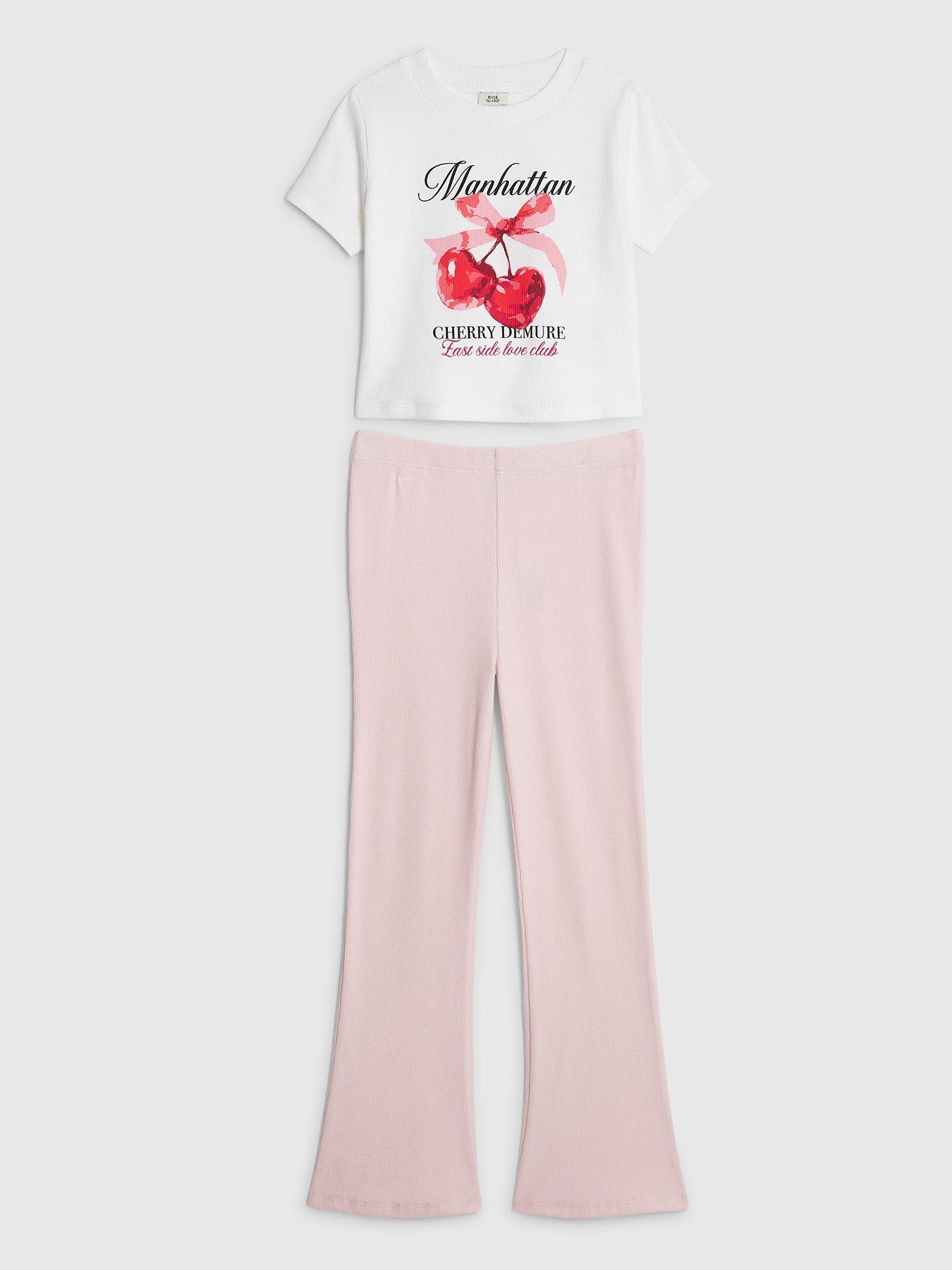 Image 1 of 4 of River Island Older Girls Manhattan Cherry T-Shirt Set - White