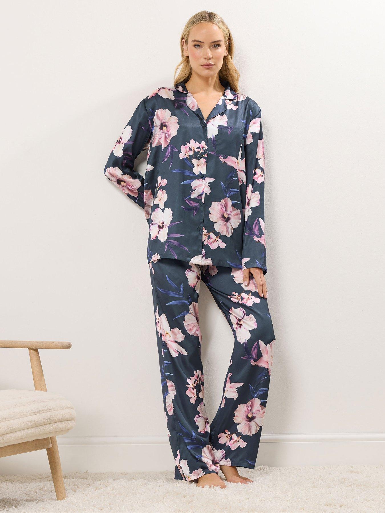 Long Tall Sally Oversize Floral Satin Pyjama Set - Grey
