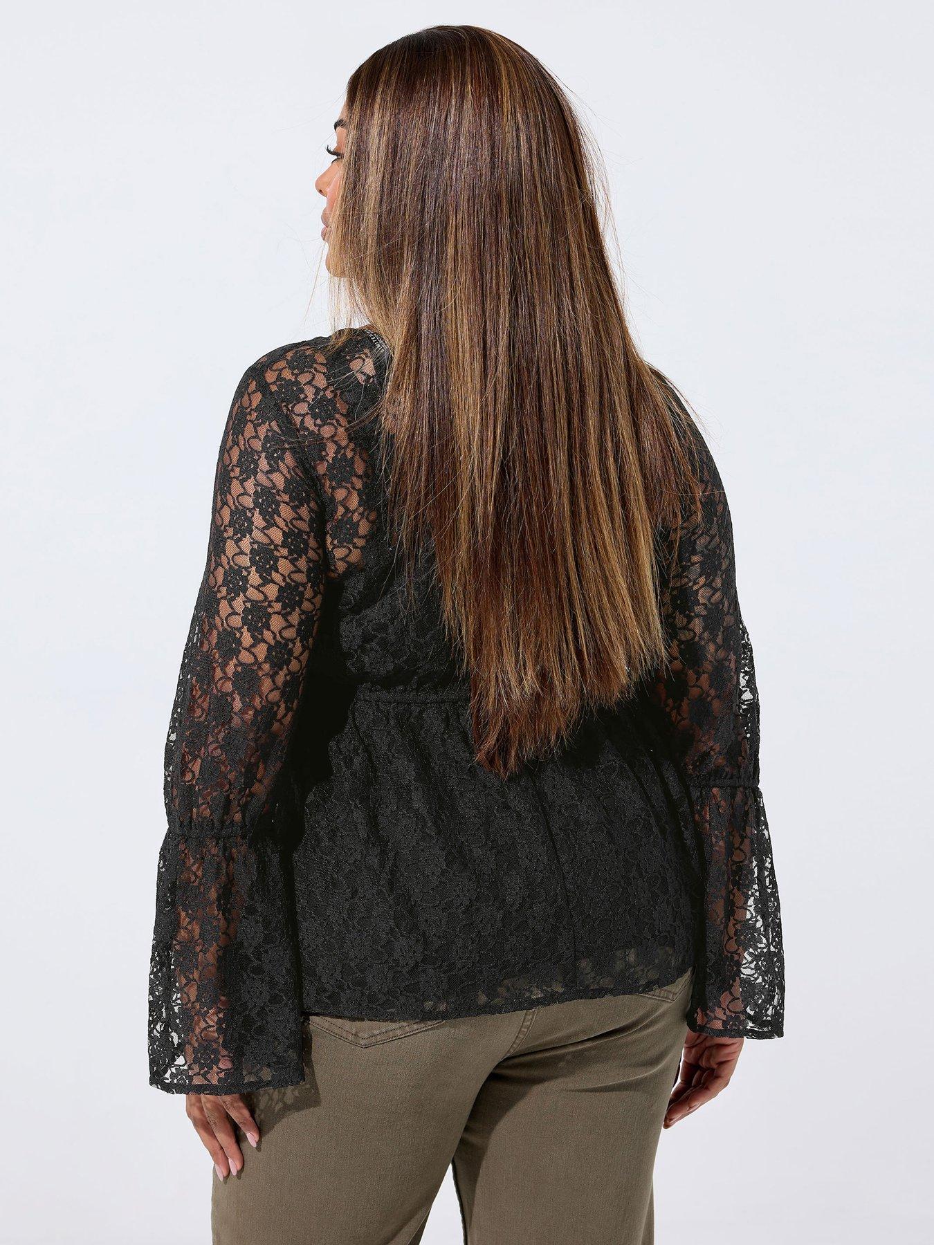 Image 2 of 4 of Yours Curve Lace Flare Sleeve Top - Black