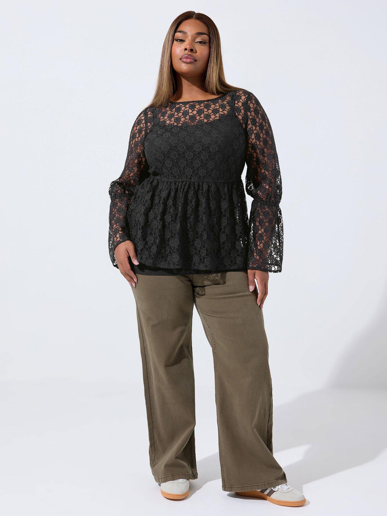 Image 3 of 4 of Yours Curve Lace Flare Sleeve Top - Black