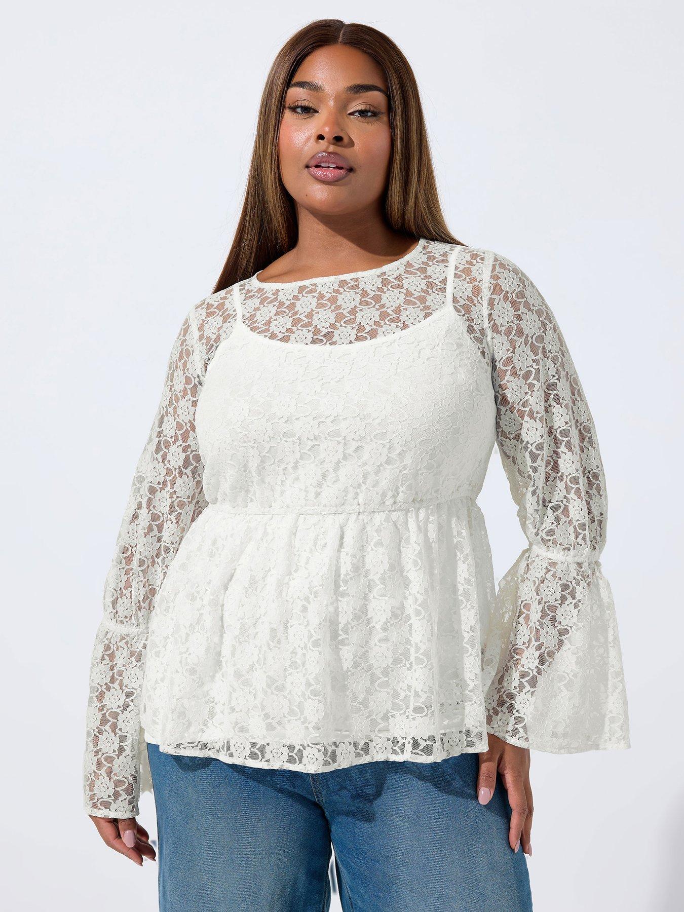 Image 1 of 4 of Yours Curve Lace Flare Sleeve Top - Cream
