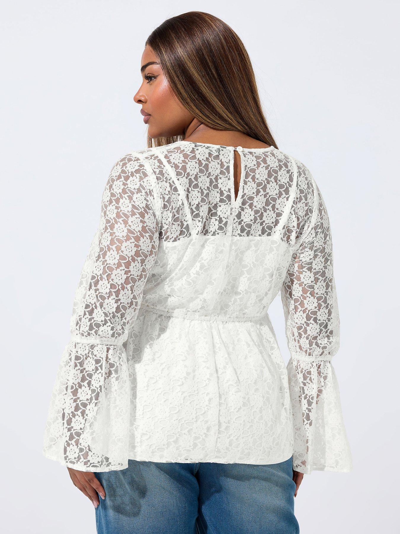 Image 2 of 4 of Yours Curve Lace Flare Sleeve Top - Cream