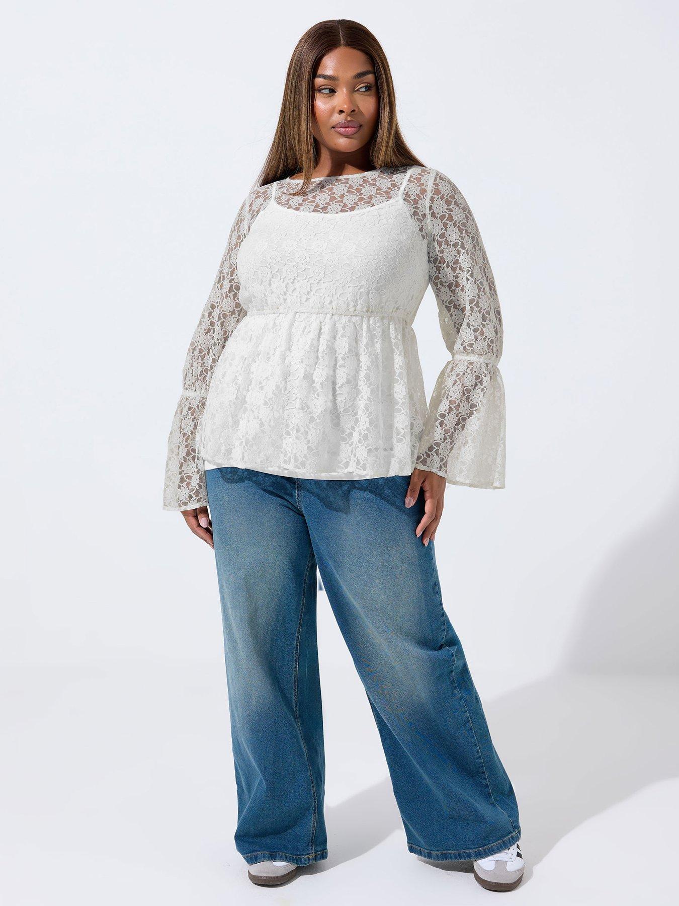 Image 3 of 4 of Yours Curve Lace Flare Sleeve Top - Cream