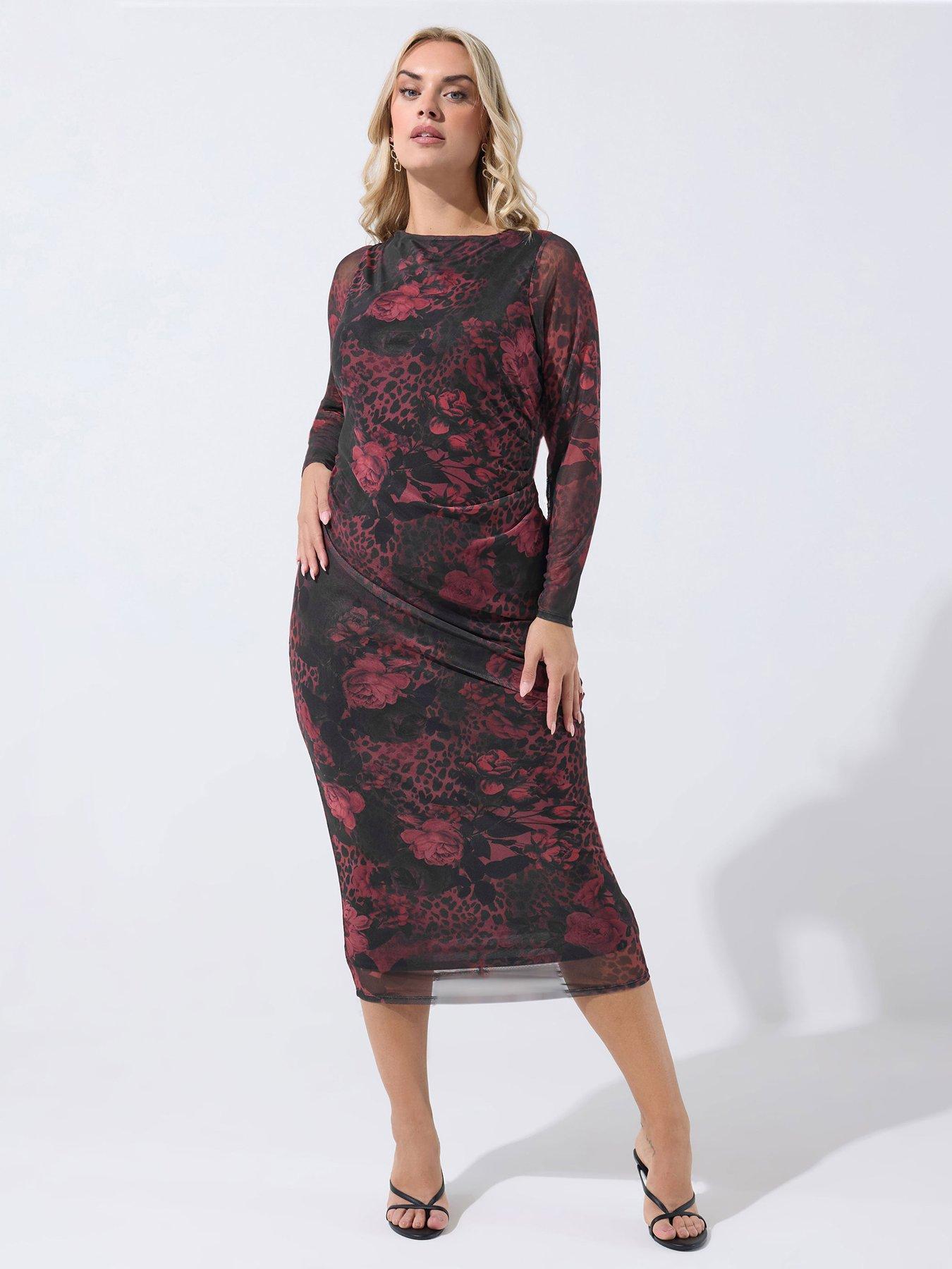 Yours Curve Mesh Floral Midi Dress - Red