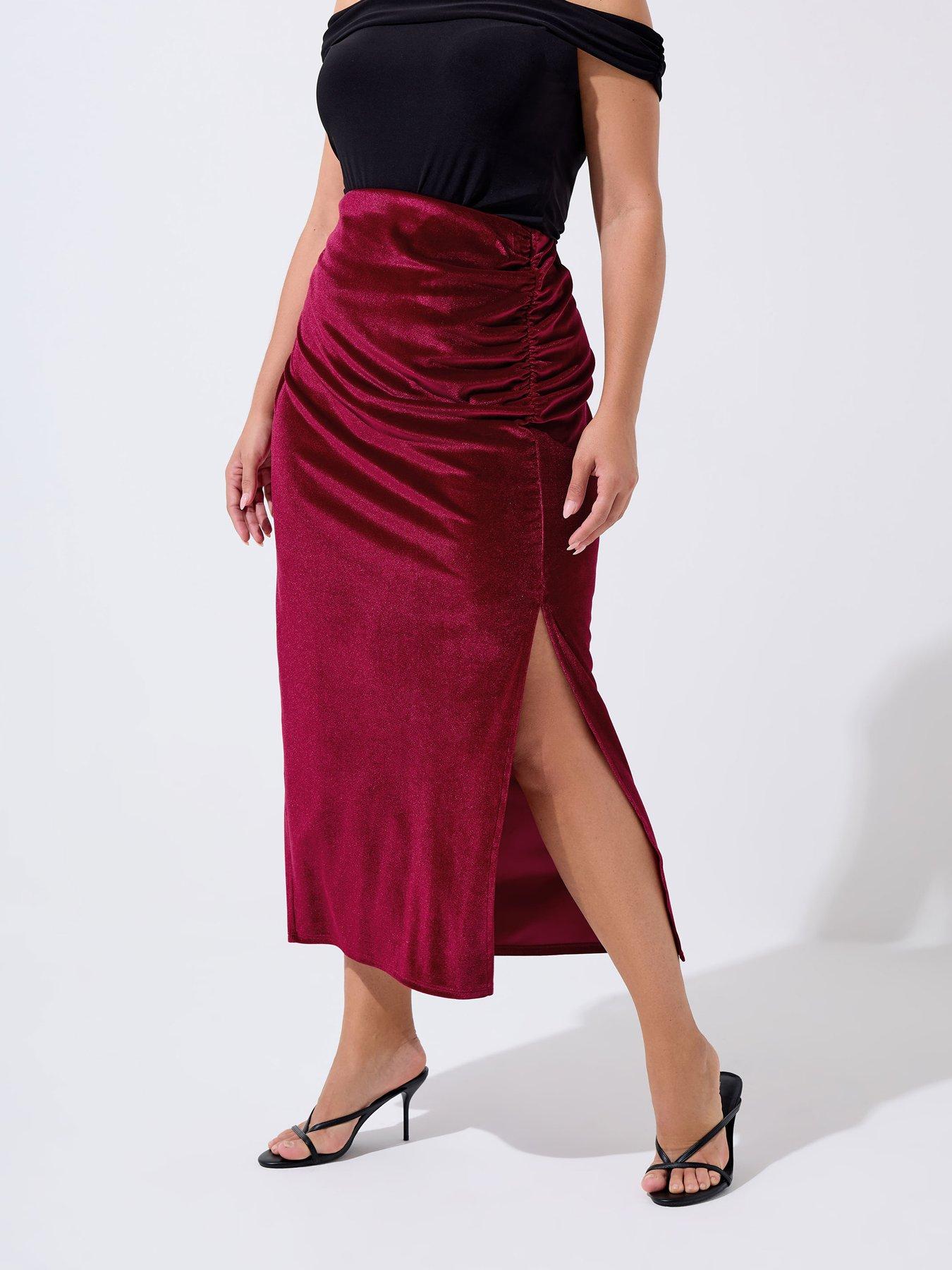 Yours Curve Velour Skirt - Red