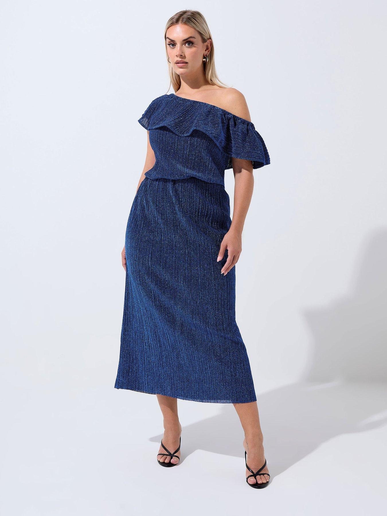 Yours Curve Frill Sparkle Dress - Blue