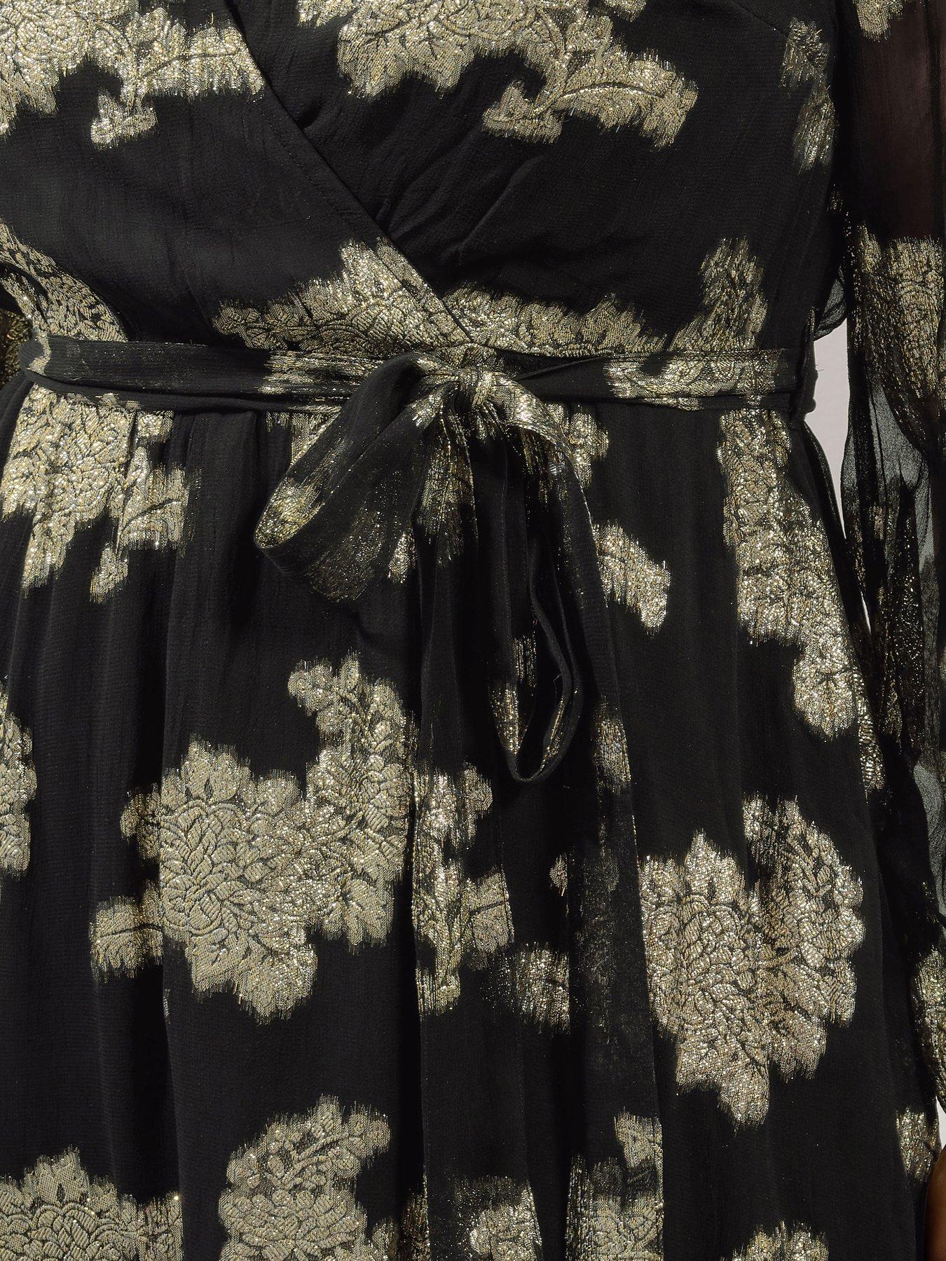 Image 4 of 4 of Yours Curve Jacquard Metallic Wrap Dress - Black