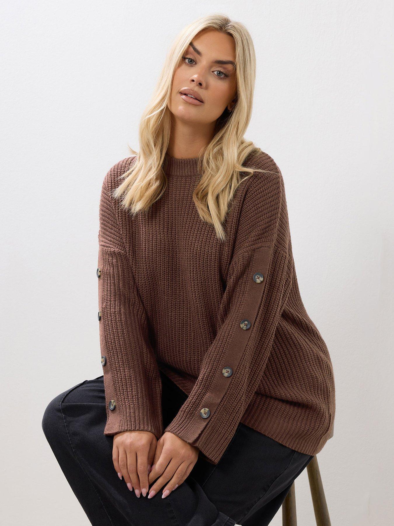 Yours Curve Button Sleeve Jumper - Brown