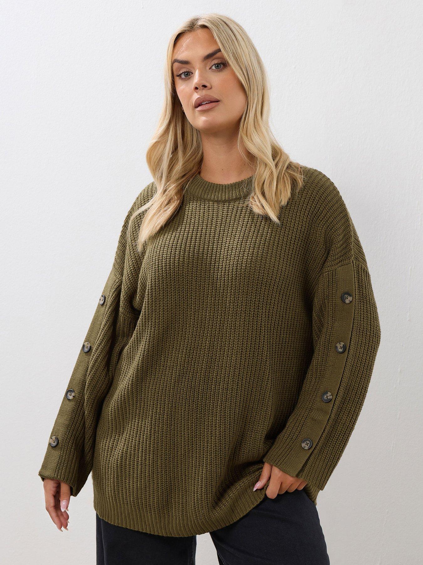 Yours Curve Button Sleeve Jumper - Green