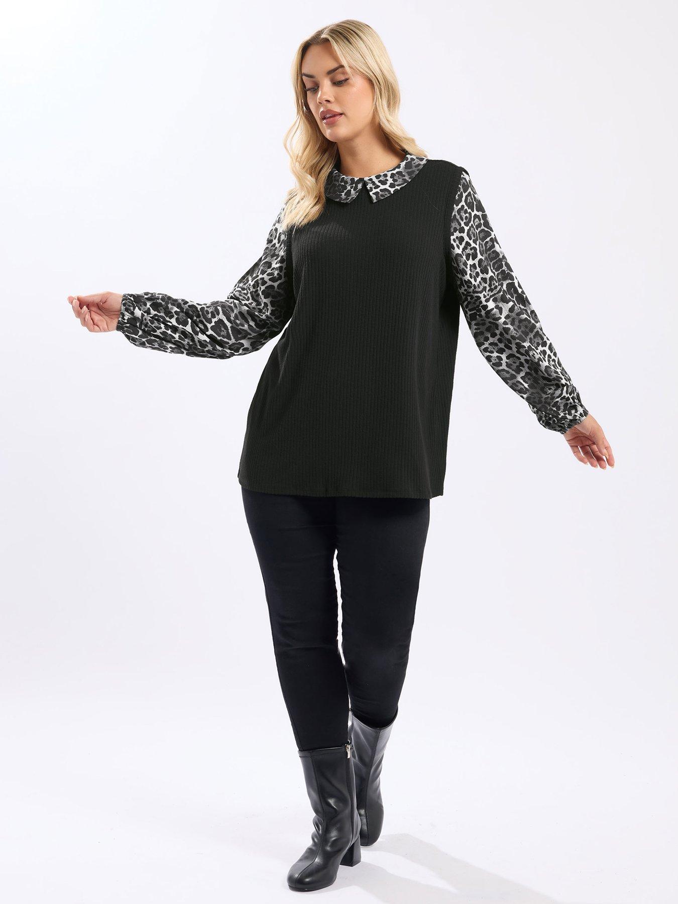 Image 3 of 4 of Yours Curve Leopard Print Brushed Top - Black