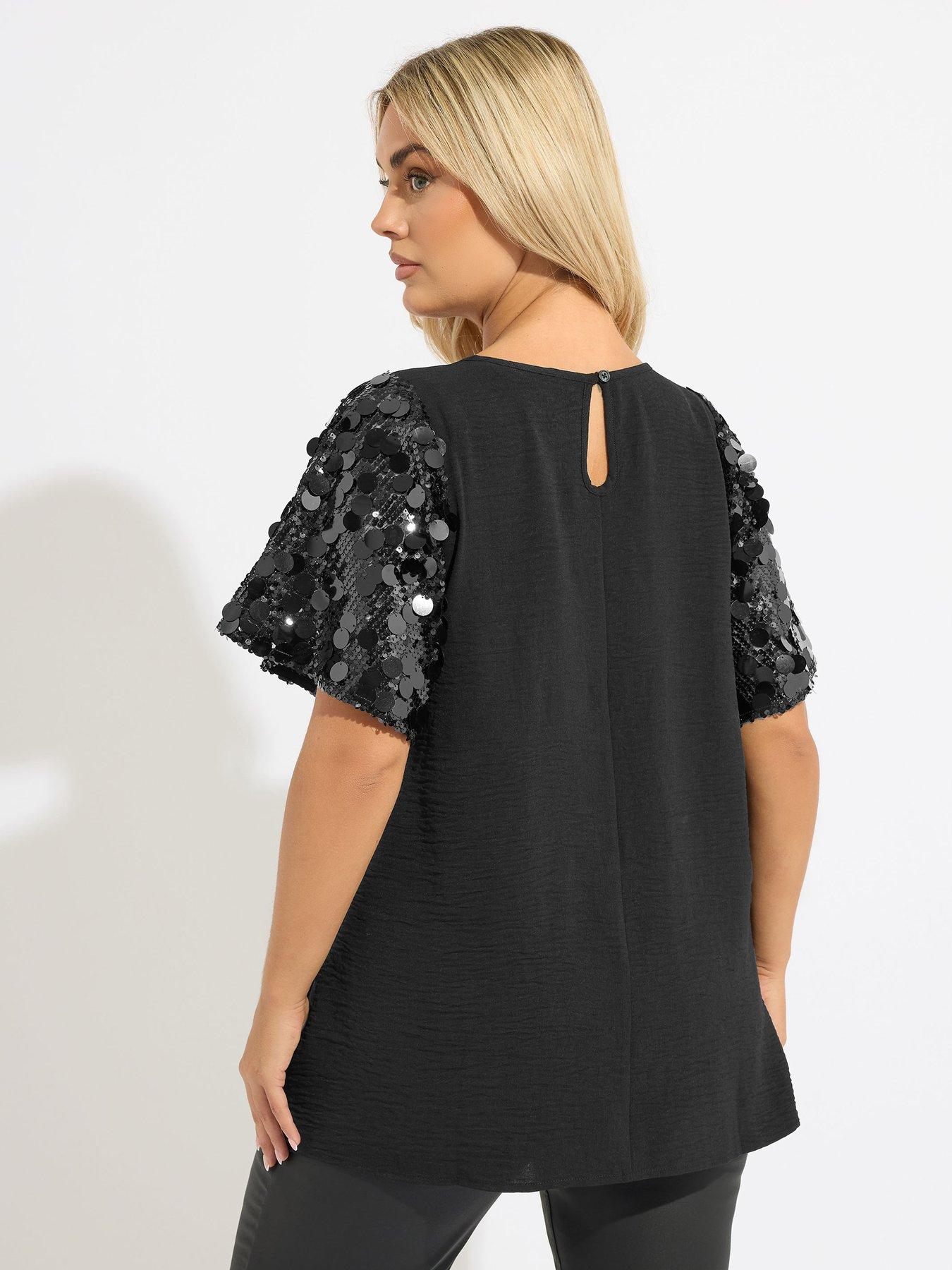 Image 2 of 4 of Yours Curve Sequin Short Sleeve Blouse - Black