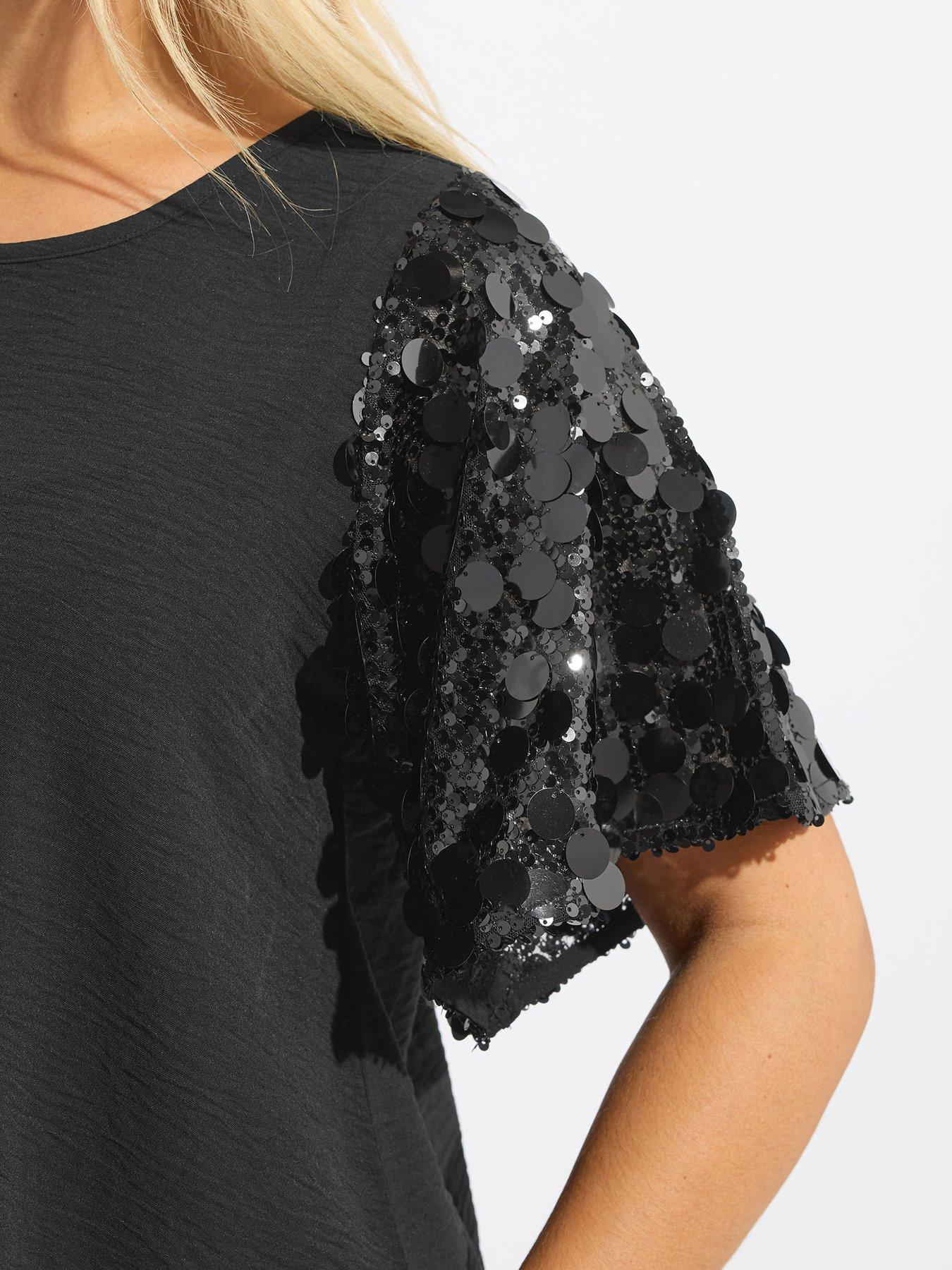 Image 4 of 4 of Yours Curve Sequin Short Sleeve Blouse - Black