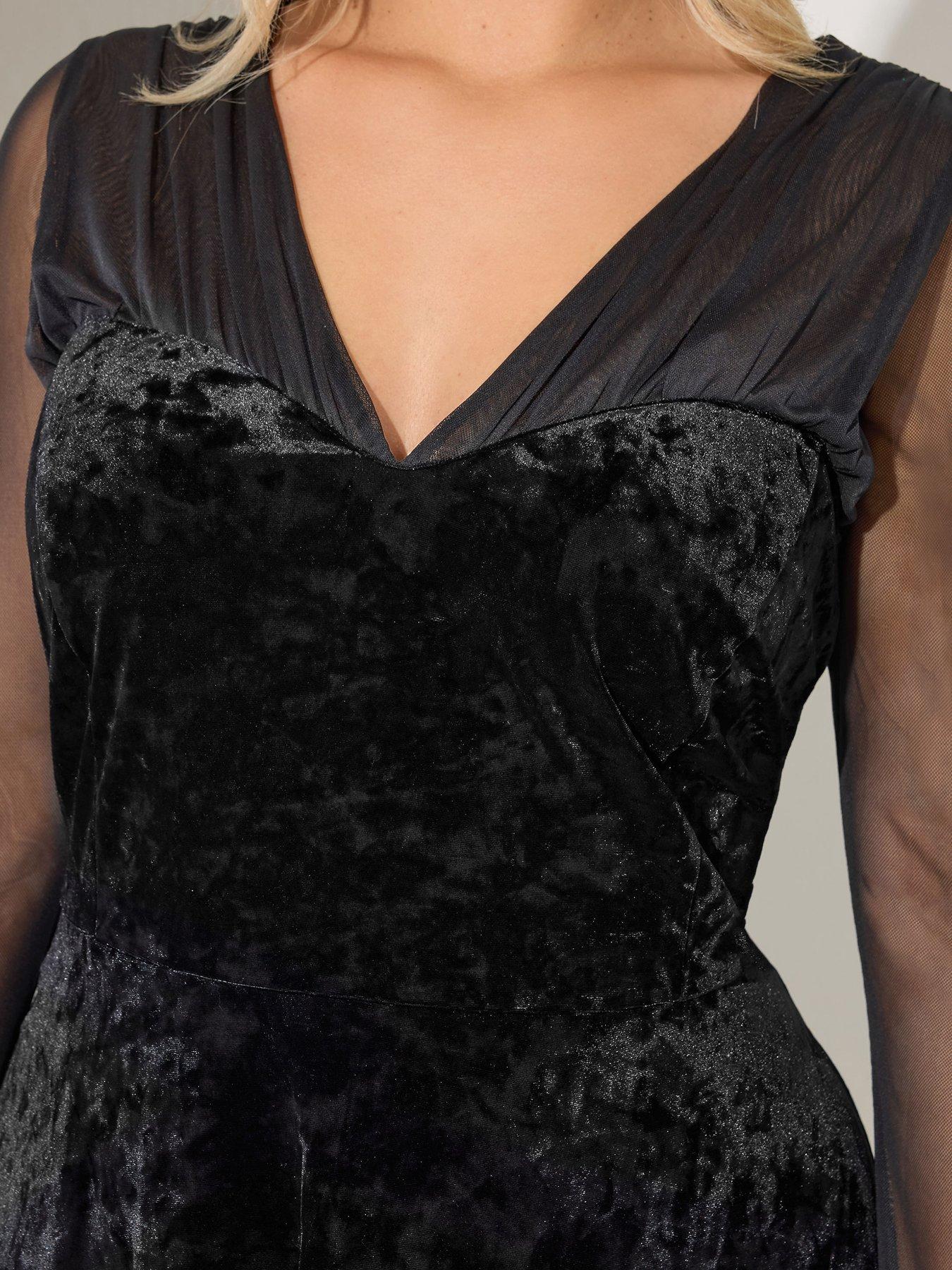 yours-curve-mesh-sleeve-velvet-dress-blackoutfit