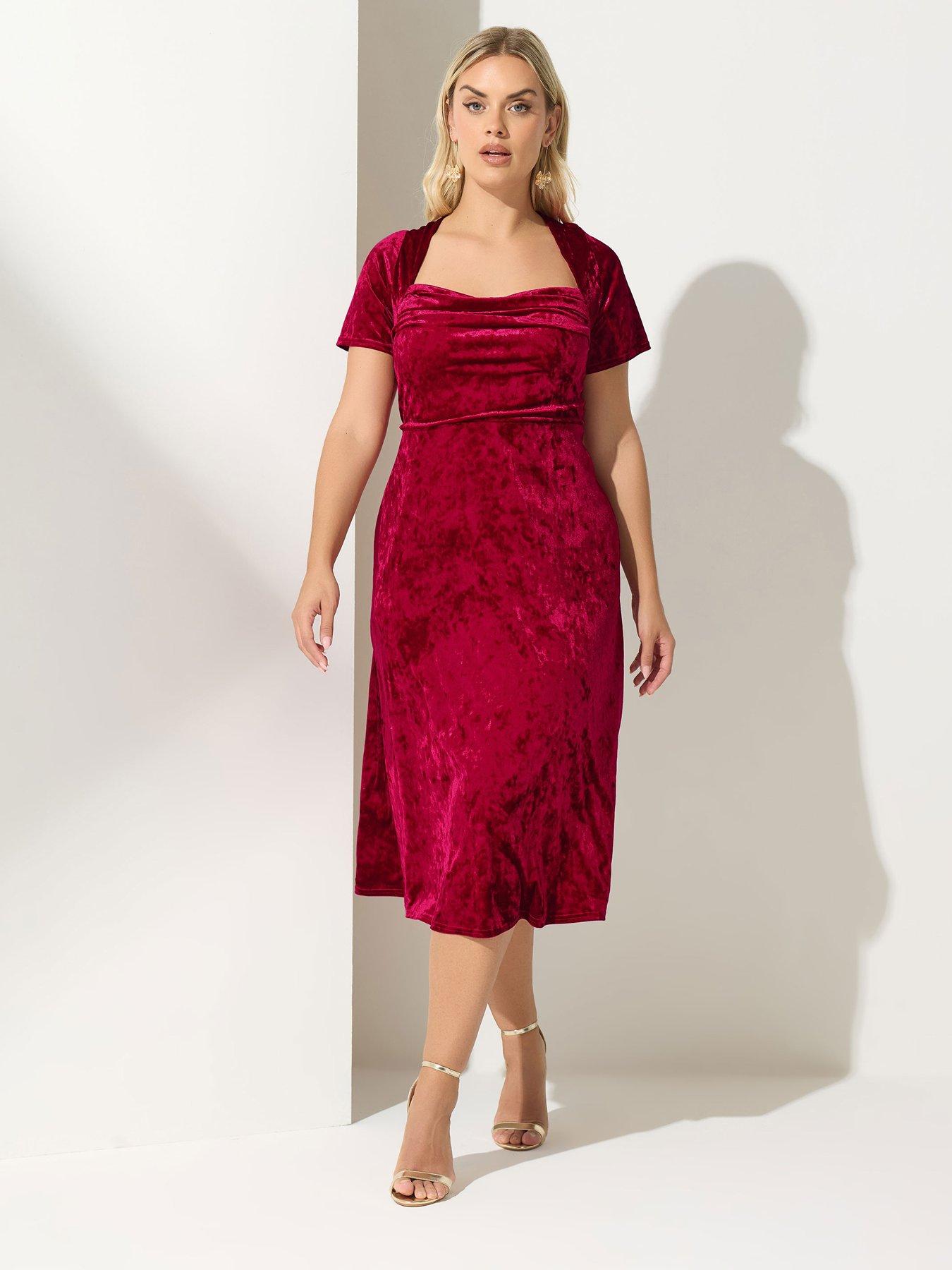 Yours Curve Velvet Square Neck Dress - Red