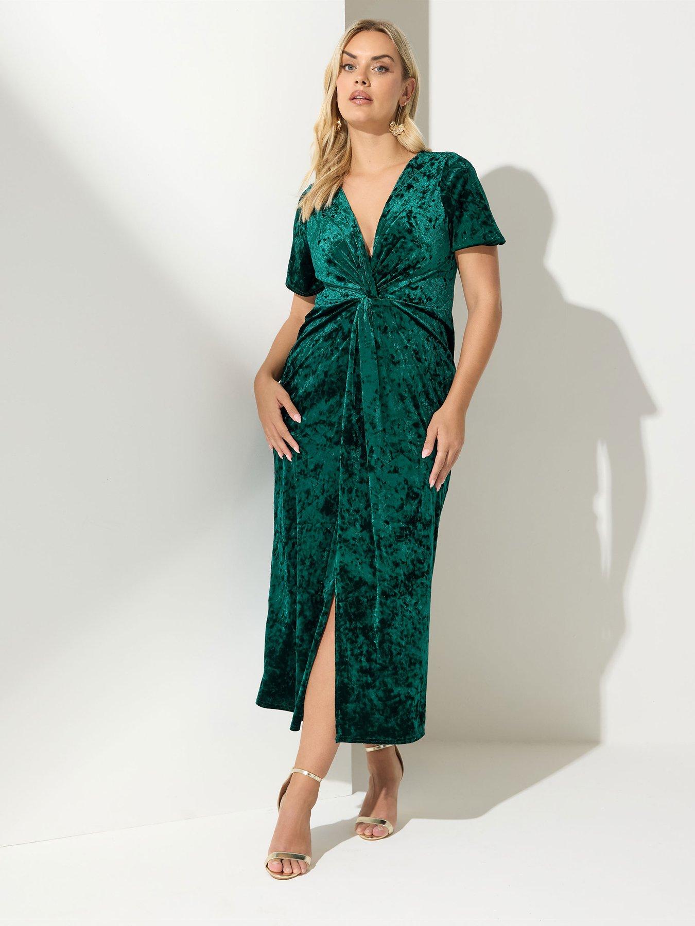 Yours Curve Velvet Knot Dress - Green