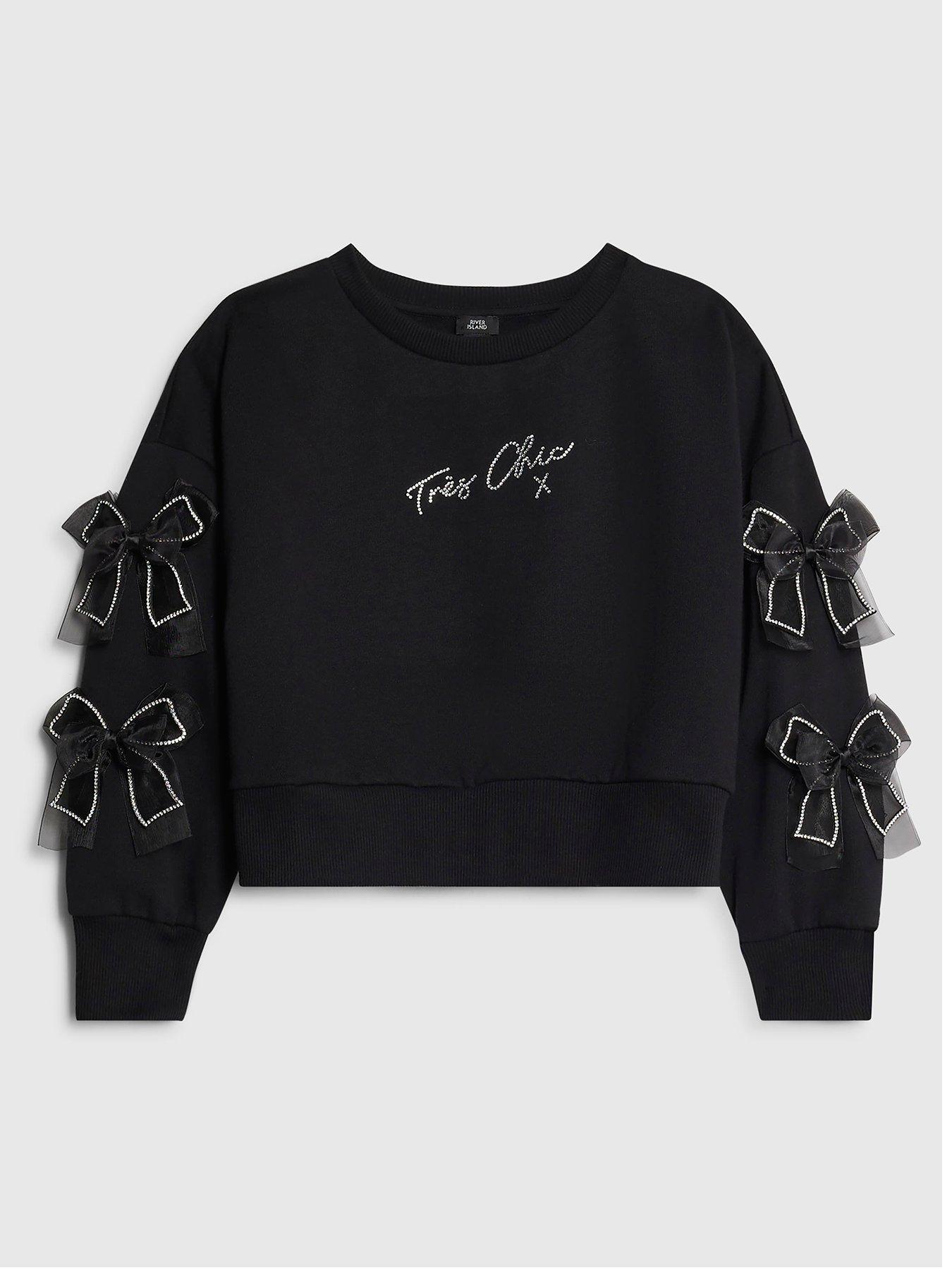 River Island Older Girls Diamante Tres Chic Bow Sweatshirt - Black