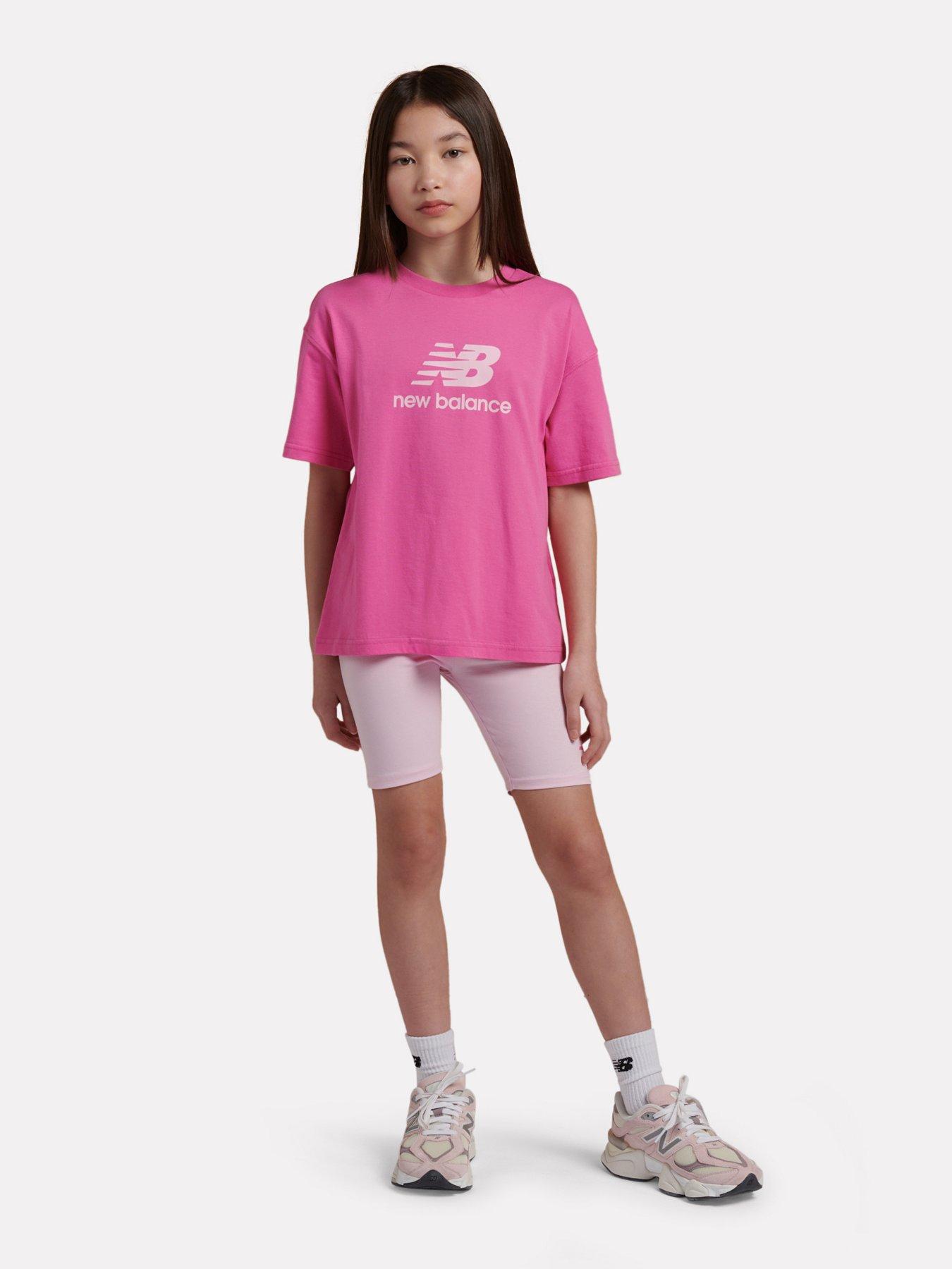 New Balance Junior Girls Stacked Logo Tee And Cycling Shorts - Pink