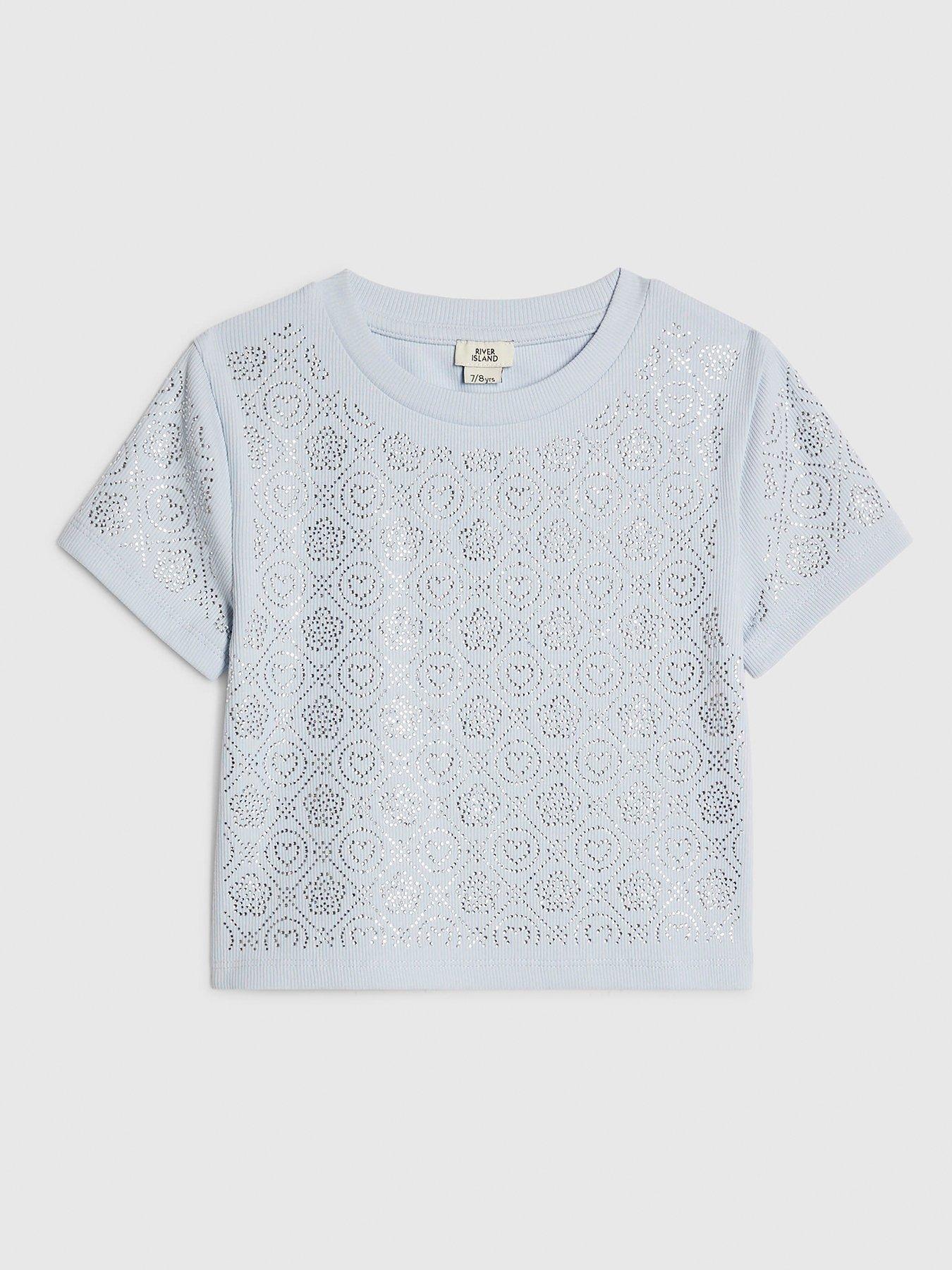 River Island Older Girls Diamante Embellished T-Shirt - Blue