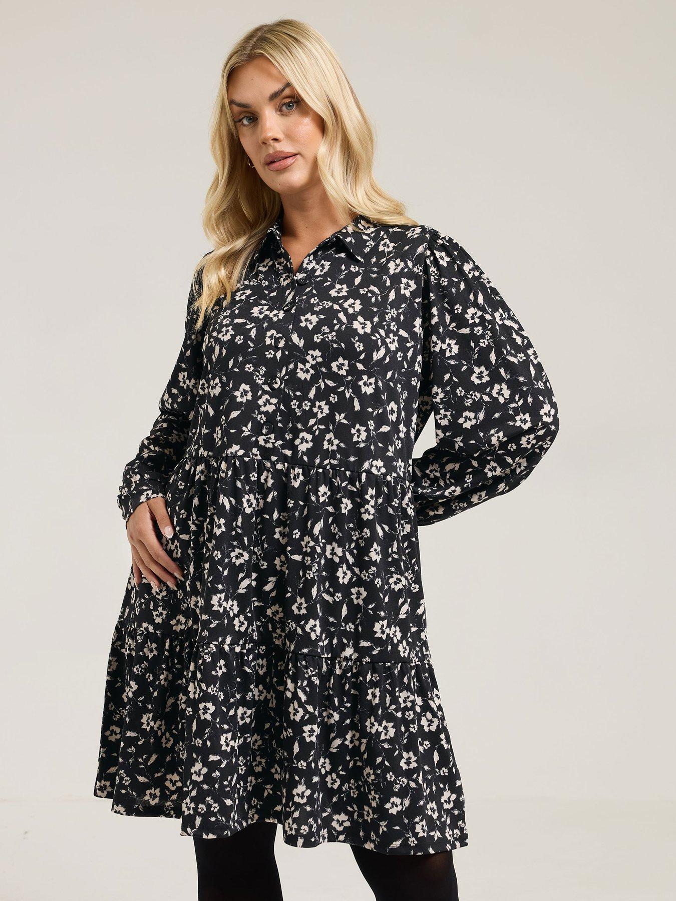 yours-curve-tiered-crepe-shirt-dress-black