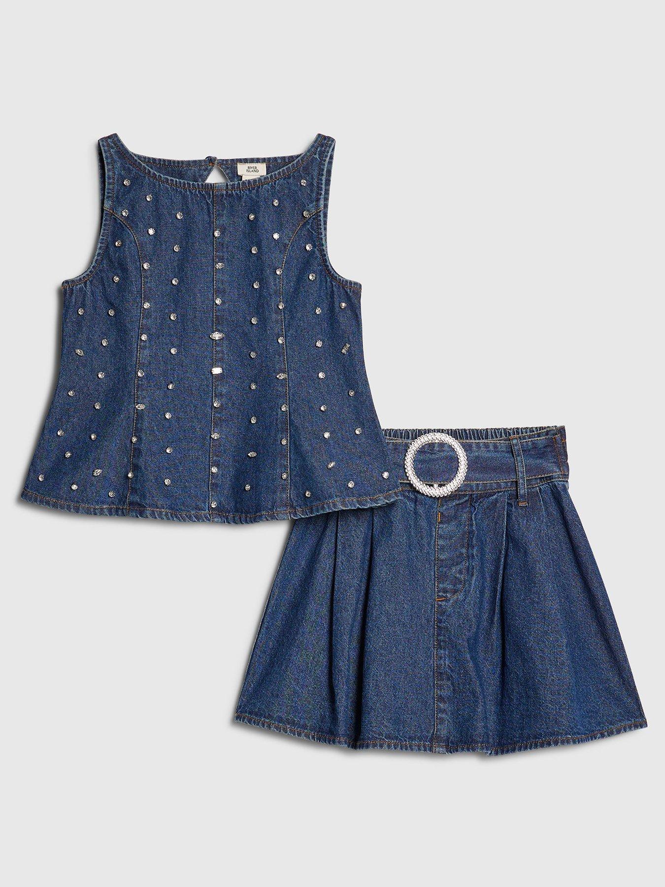 river-island-older-girls-denim-embellished-peplum-skirt-set-blue