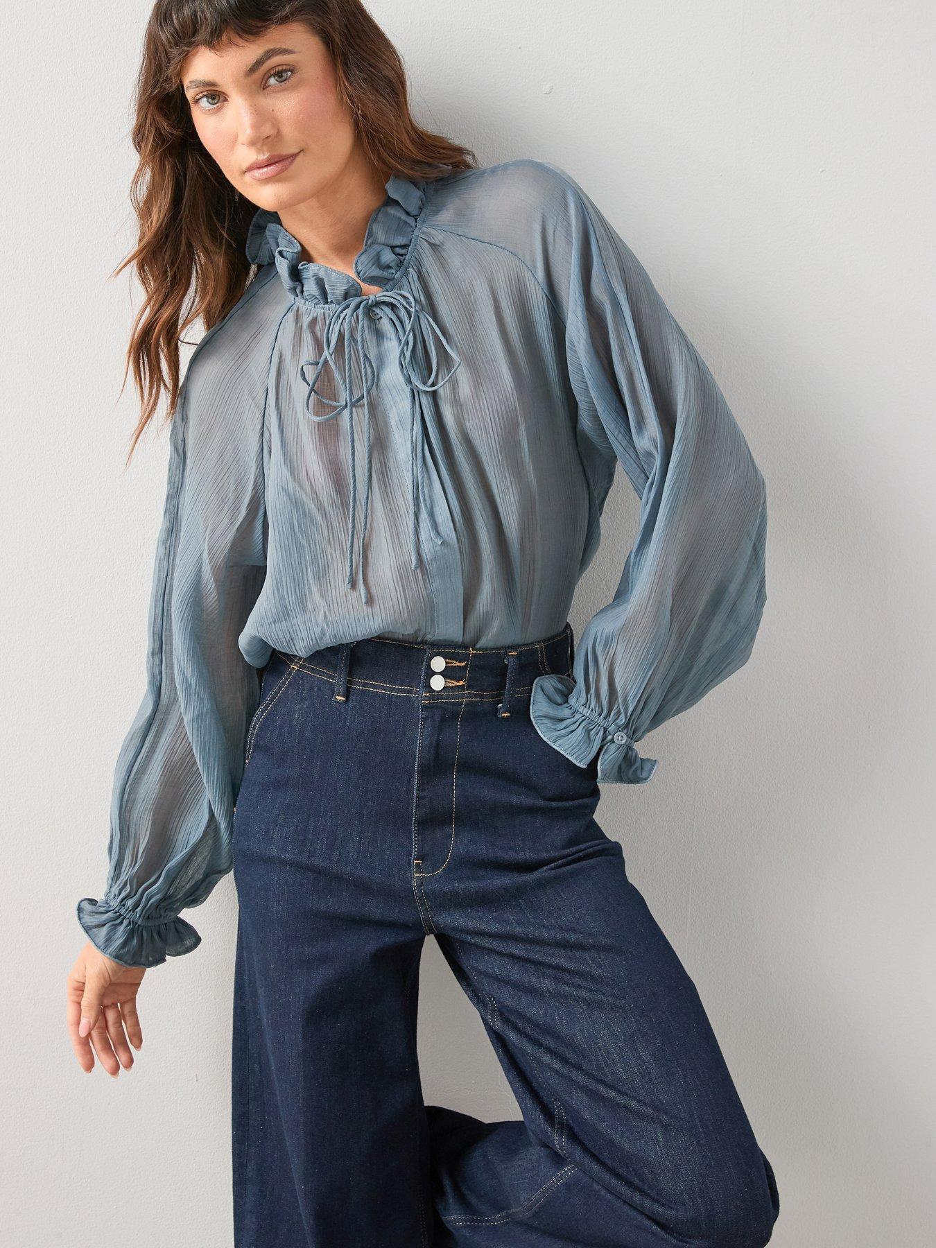 Image 1 of 6 of The Very Collection Poet Frill High Neck Blouse - Blue