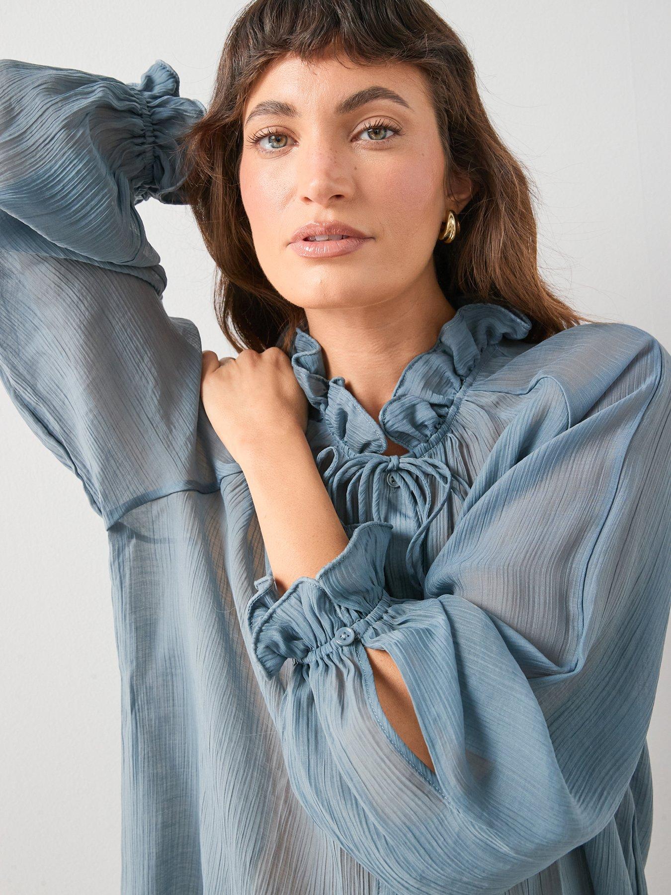 Image 4 of 6 of The Very Collection Poet Frill High Neck Blouse - Blue