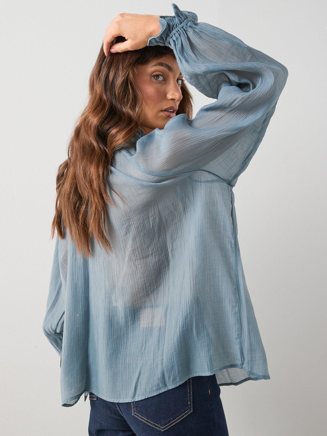 Image 5 of 6 of The Very Collection Poet Frill High Neck Blouse - Blue