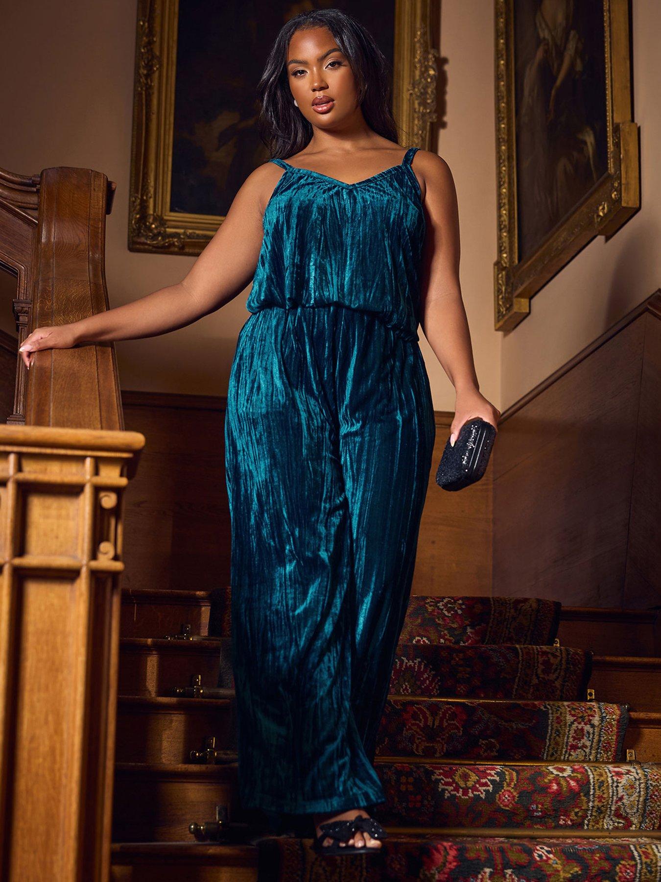 Yours Curve Crushed Velour Wide Leg Trouser - Blue