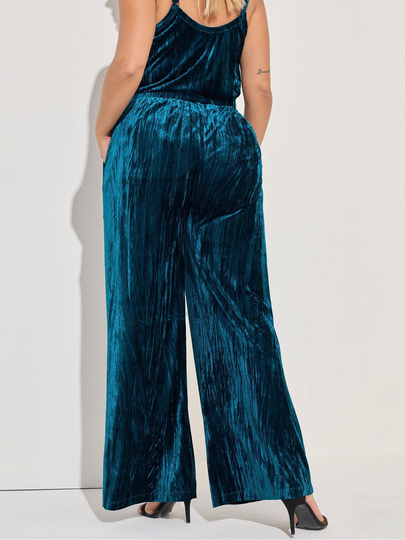 Image 2 of 4 of Yours Curve Crushed Velour Wide Leg Trouser - Blue