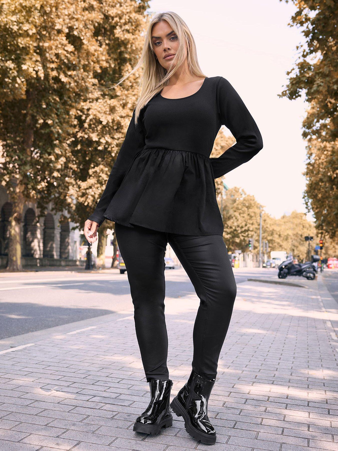 yours-curve-long-sleeve-ribbed-mixed-peplum-top-black