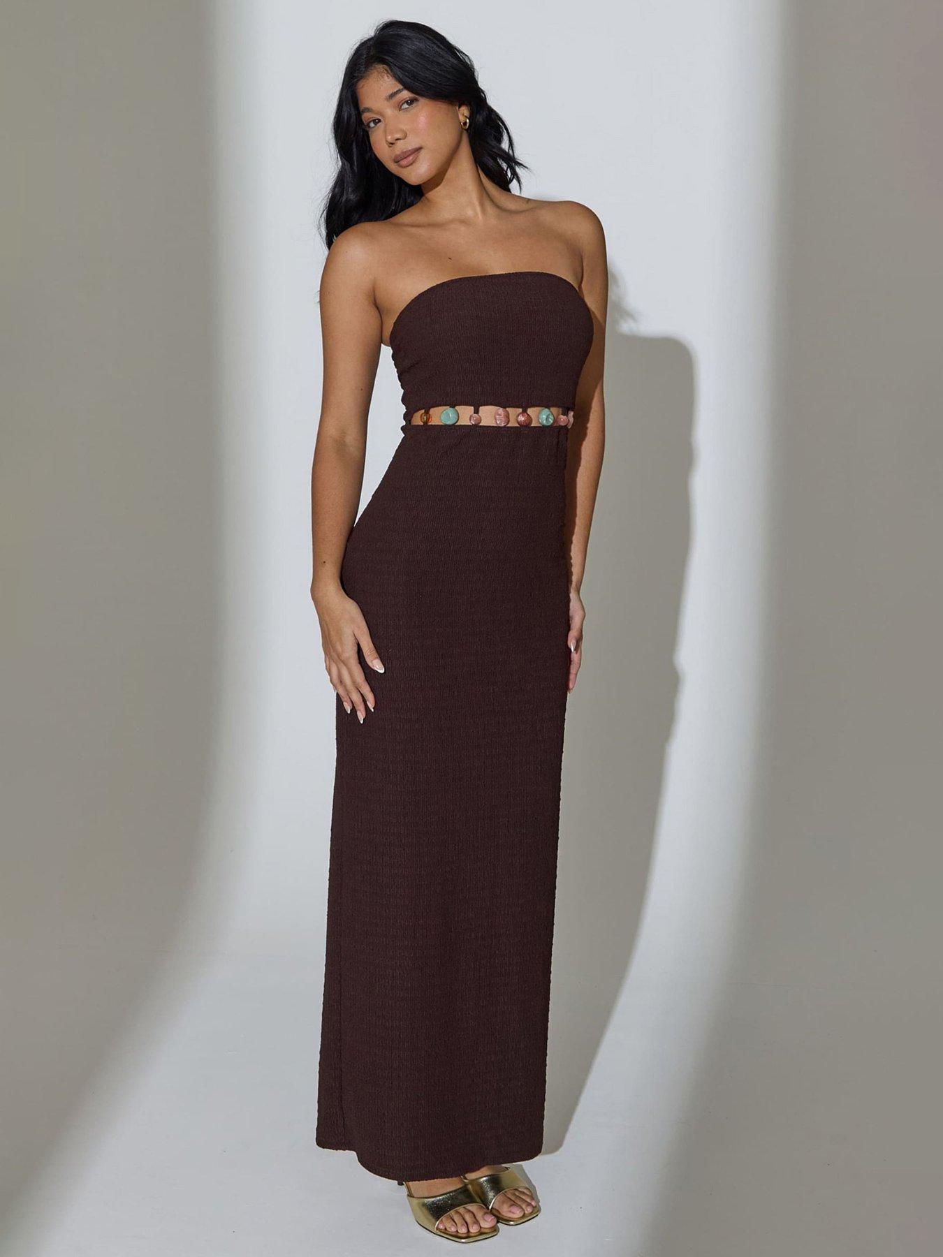 South Beach Crinkle Bead Detail Waist Bandeau Maxi Dress - Brown