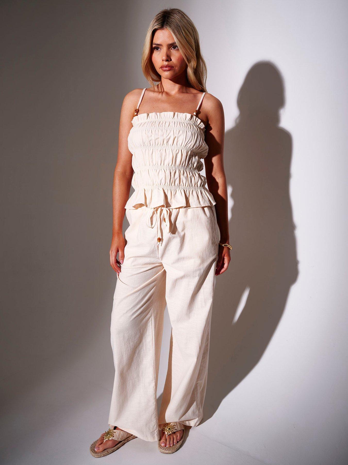 Image 1 of 2 of South Beach Wide Leg Trousers With Bead Detail - White