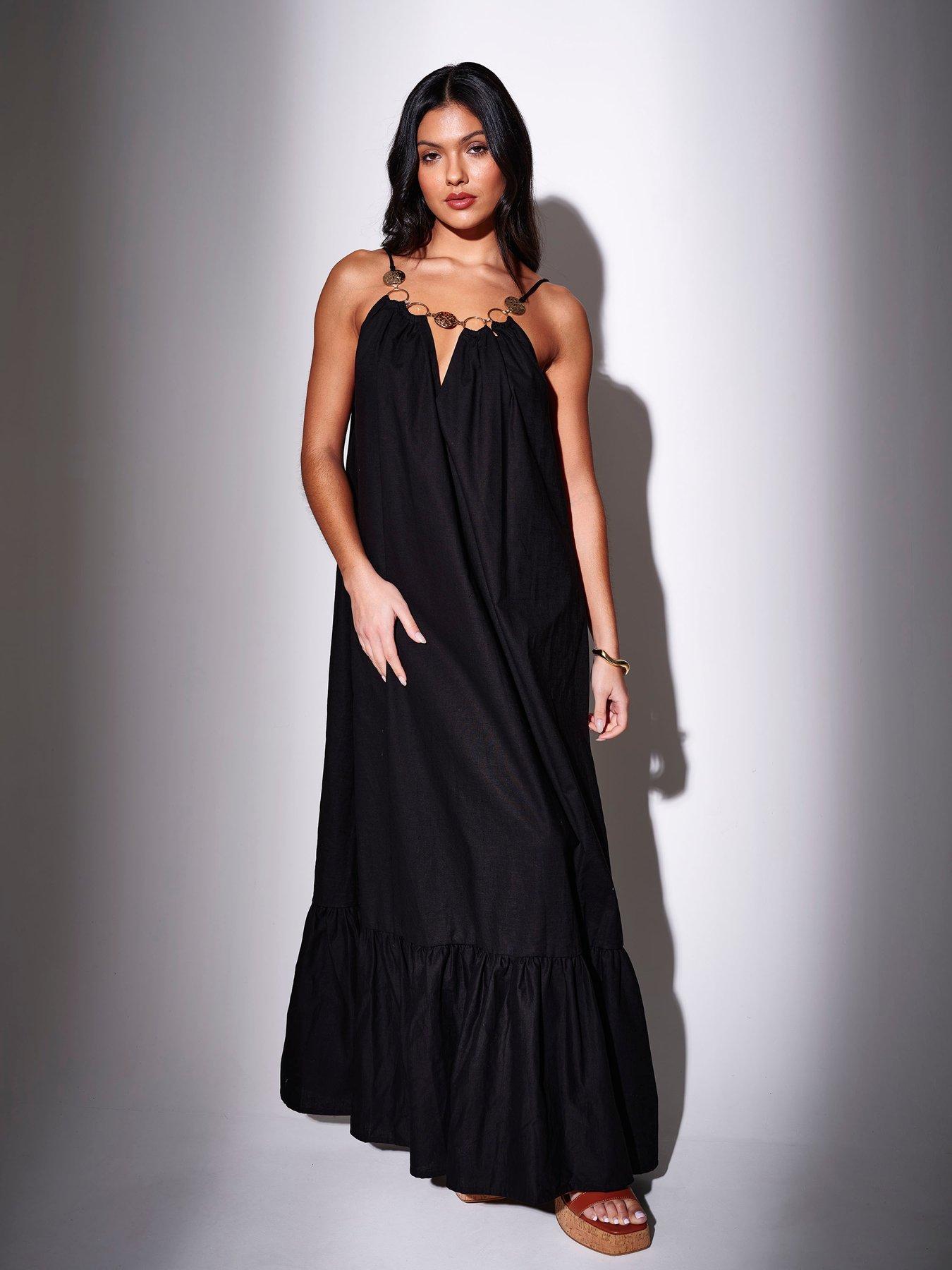 south beach maxi dress The Mykonos - Solid Black Linen Beach Dress main image 1