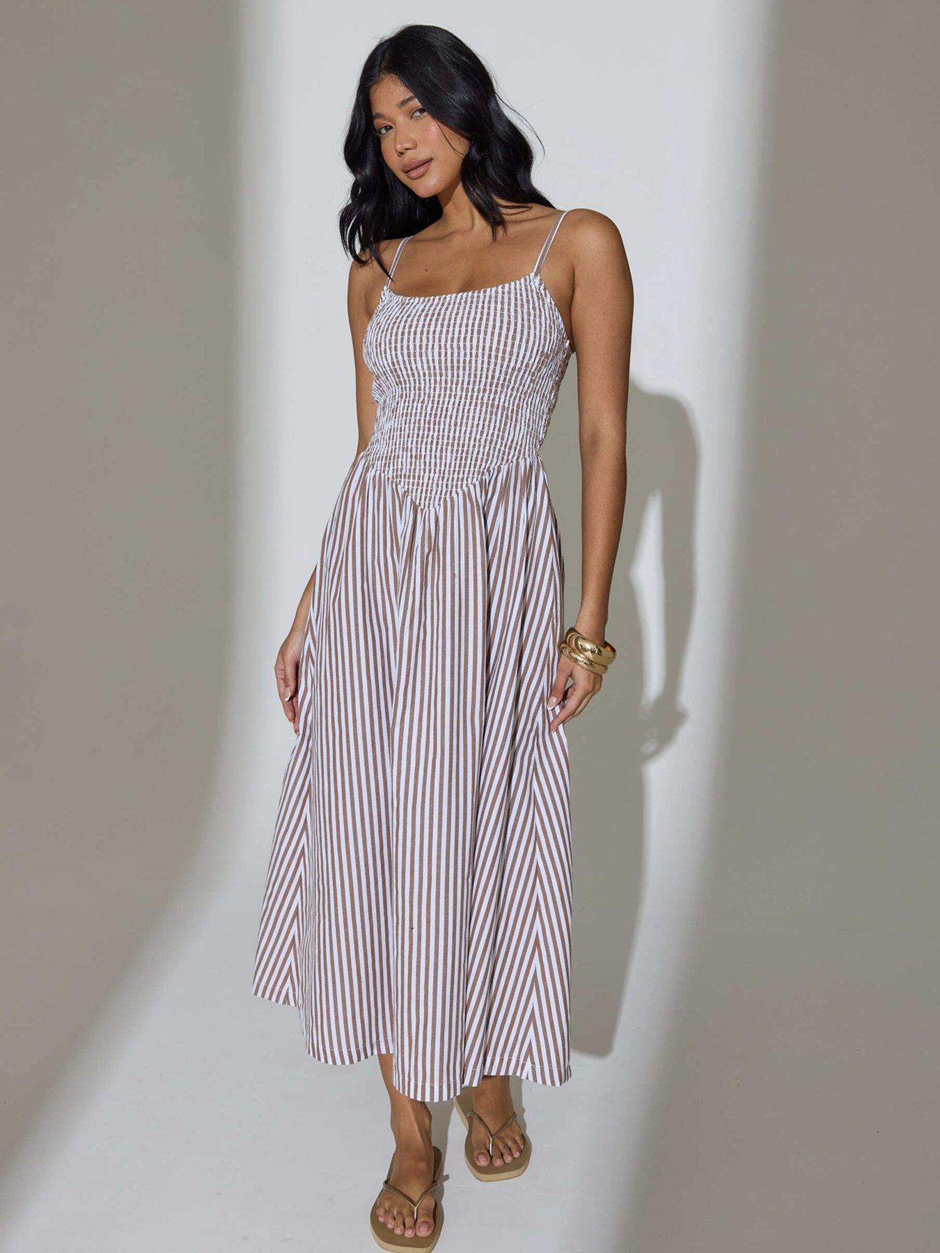 Image 1 of 2 of South Beach Stripe Smocked Maxi Dress - Brown