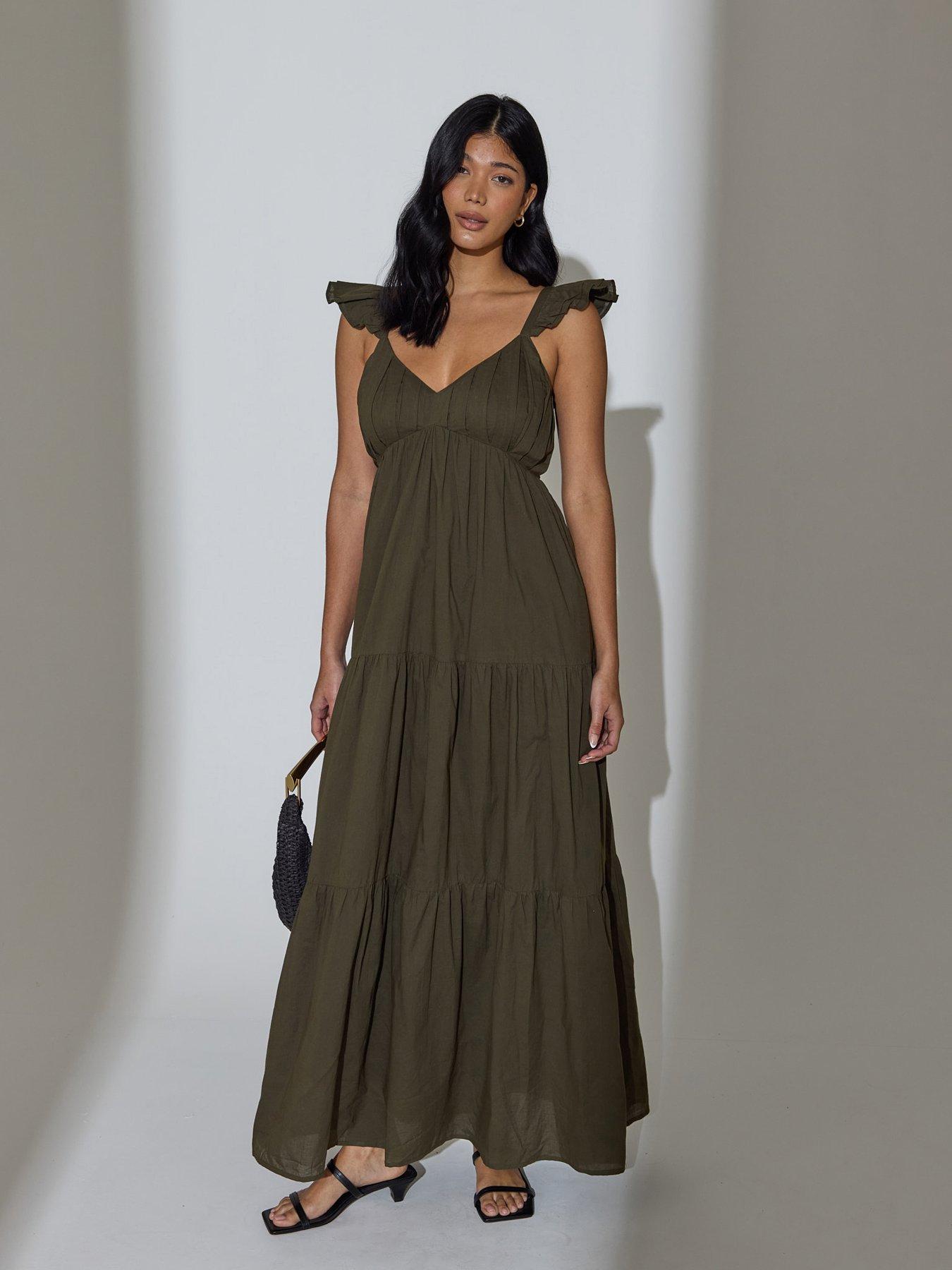 Image 1 of 2 of South Beach Frill Sleeve Tiered Maxi Dress - Green