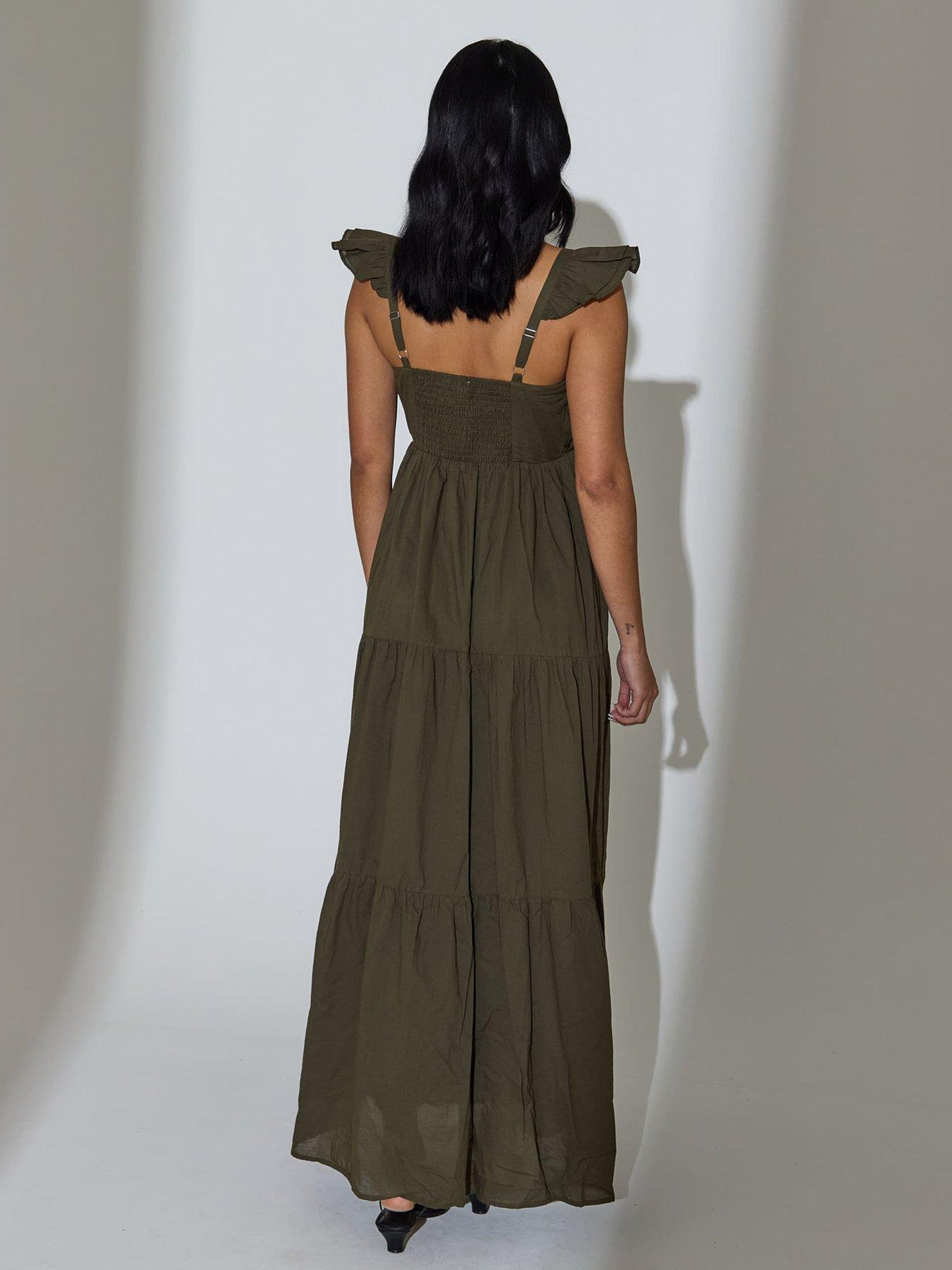Image 2 of 2 of South Beach Frill Sleeve Tiered Maxi Dress - Green