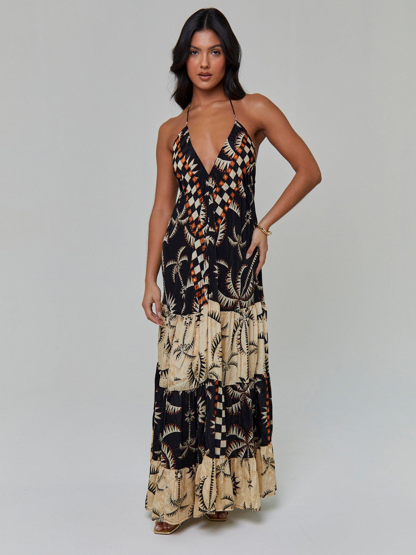 South Beach Printed Halterneck Low Back Tiered Maxi Dress - Multi