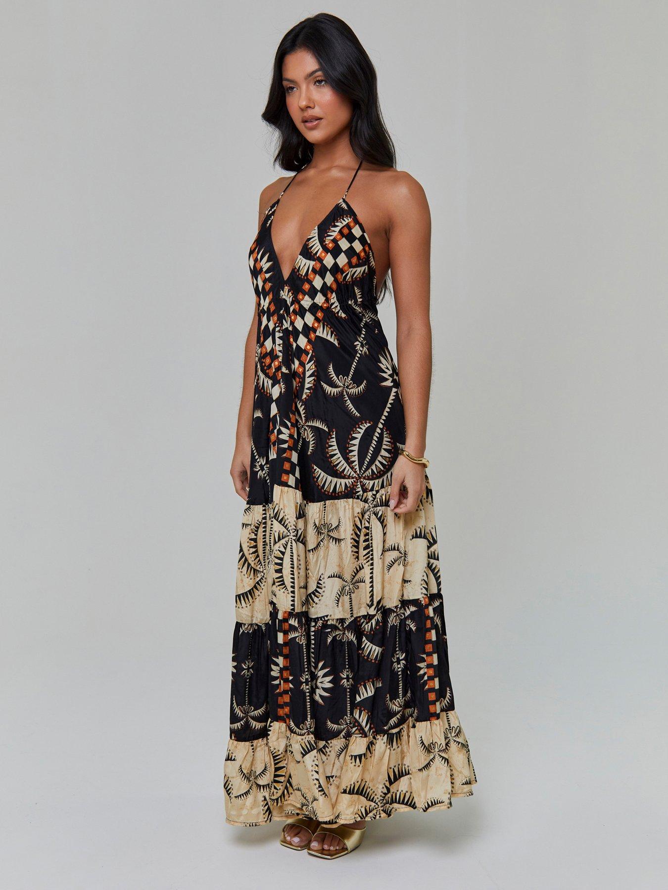 Image 2 of 4 of South Beach Printed Halterneck Low Back Tiered Maxi Dress - Multi