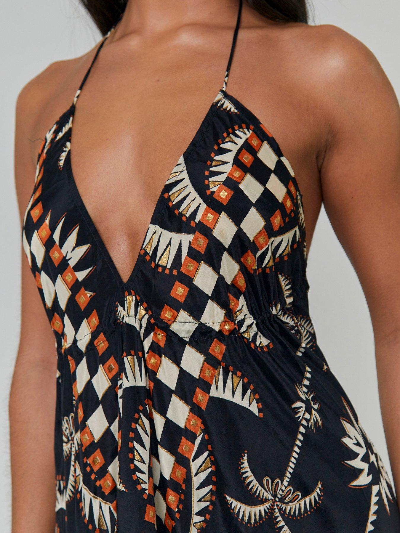Image 4 of 4 of South Beach Printed Halterneck Low Back Tiered Maxi Dress - Multi