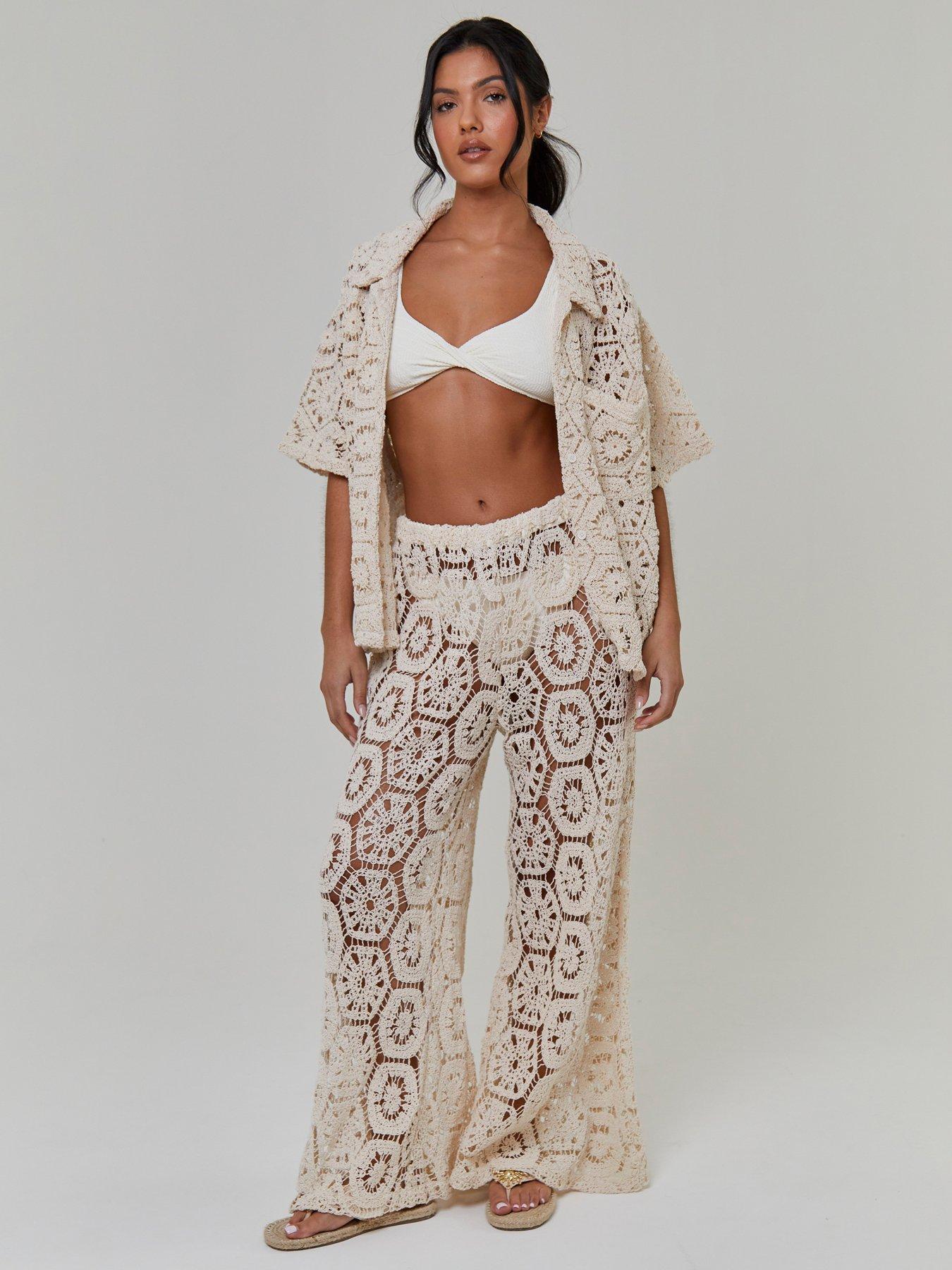 South Beach Crochet Wide Leg Trousers - Cream
