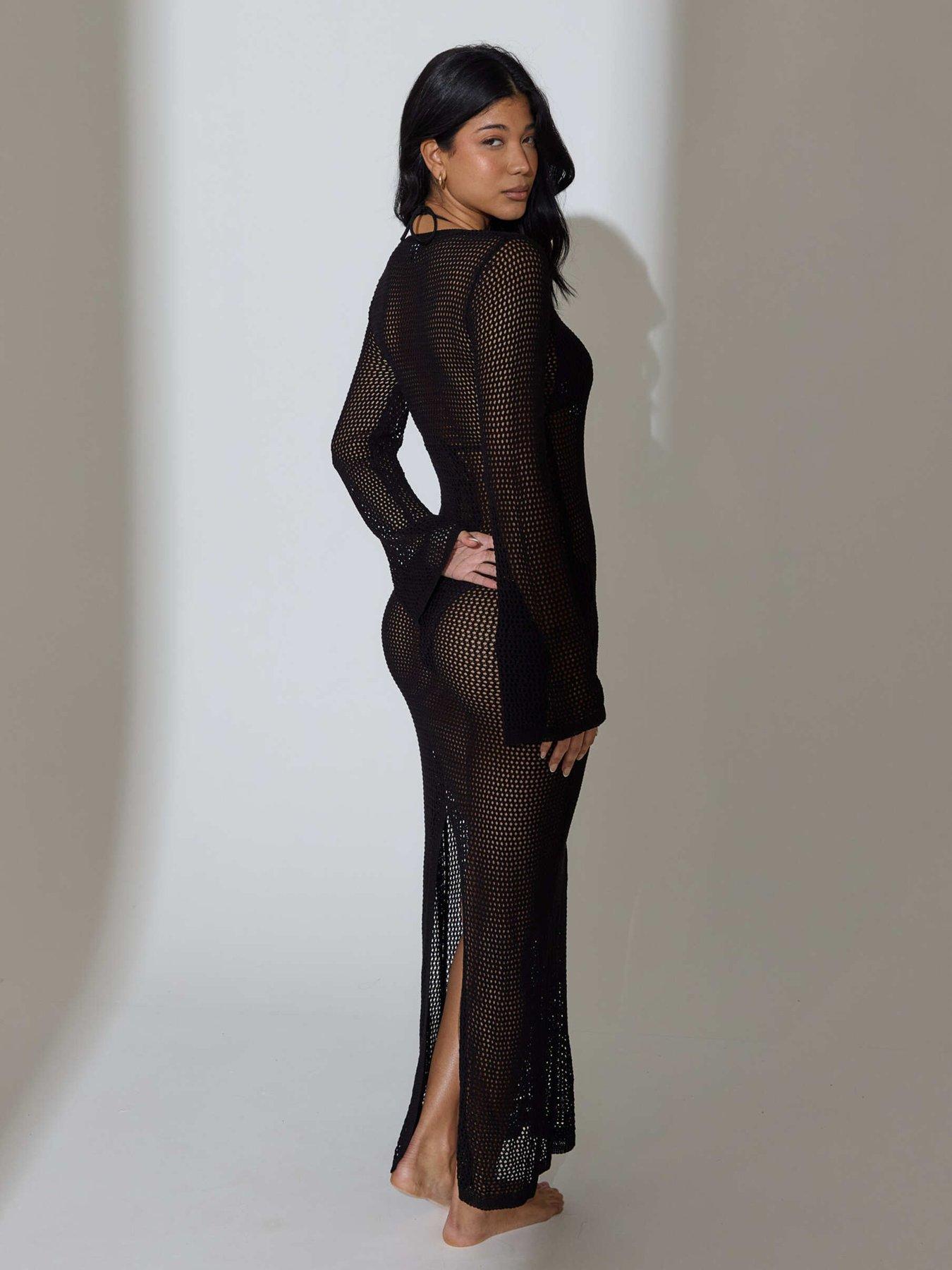 south-beach-knitted-flared-sleeve-celestrial-sun-maxi-kaftan-blackstillFront