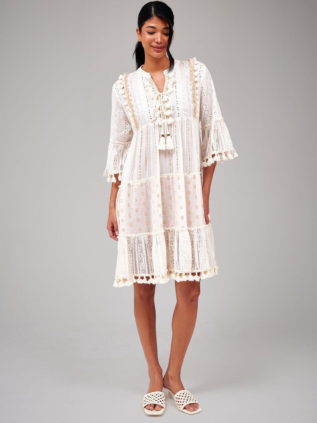 South Beach Trim Detail Tiered Mini Dress - Cream/Beige